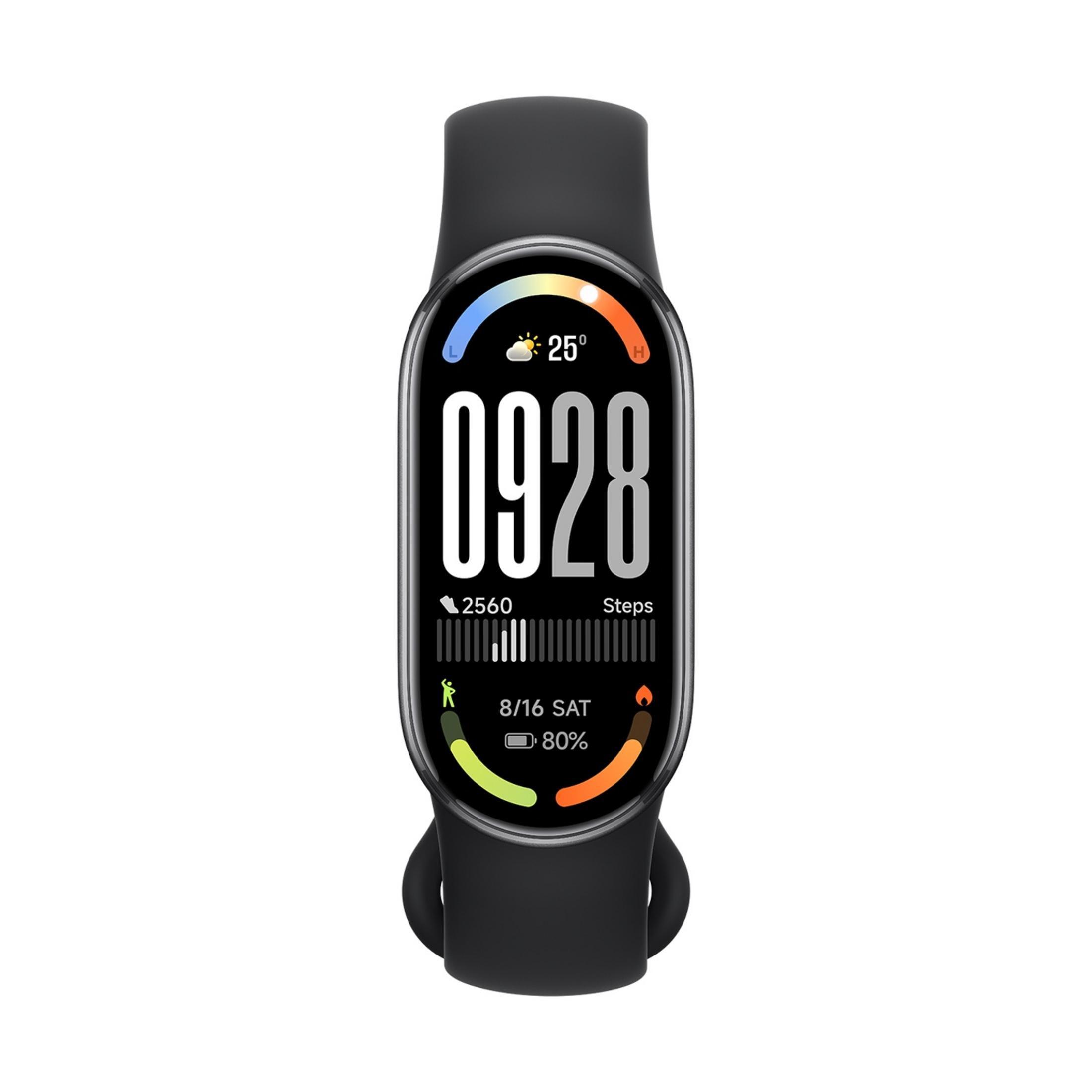 Saat, hava durumu, adımlar ve pili gösteren ekrana sahip siyah fitness bandı.
