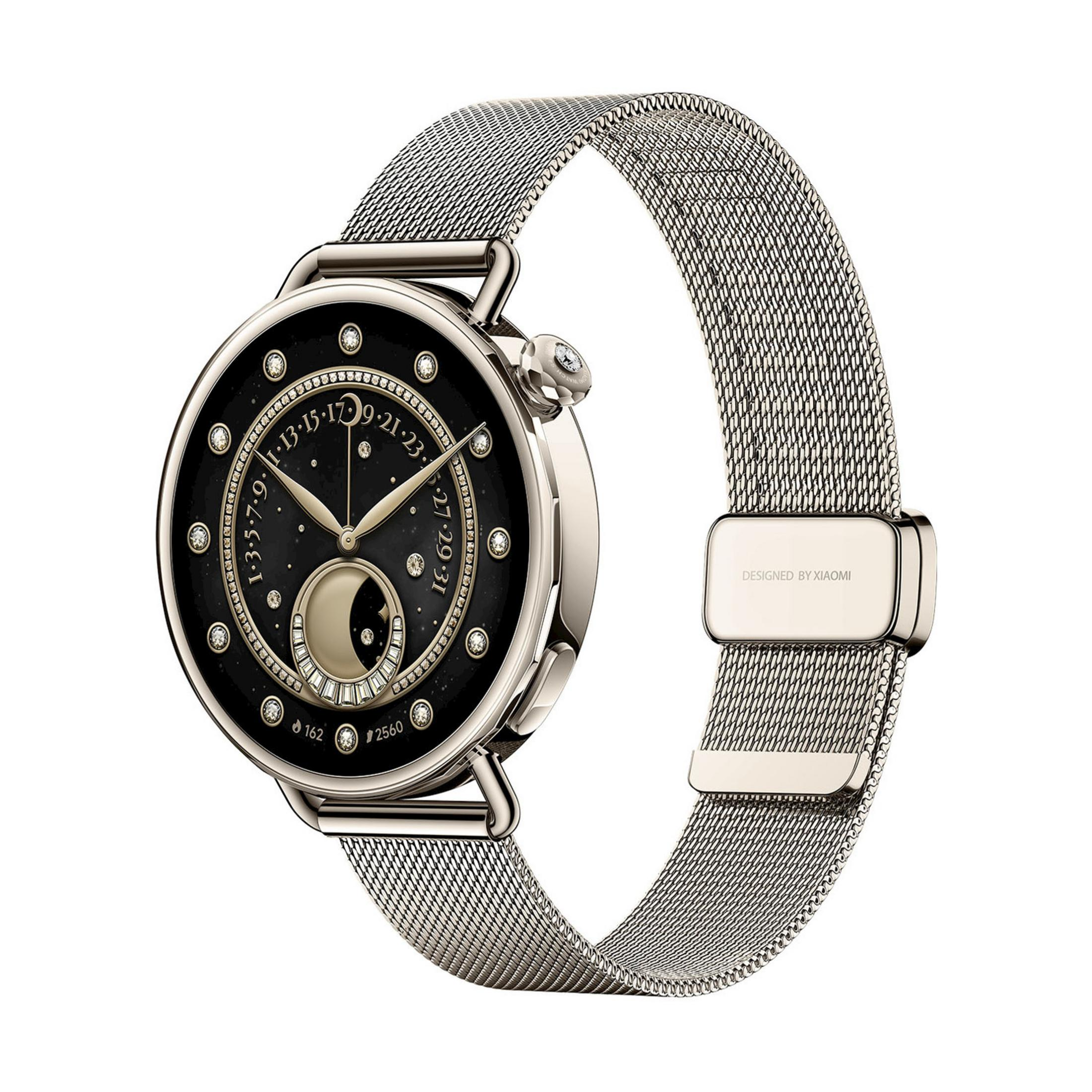 Elegante smartwatch plateada con esfera negra y fase lunar.