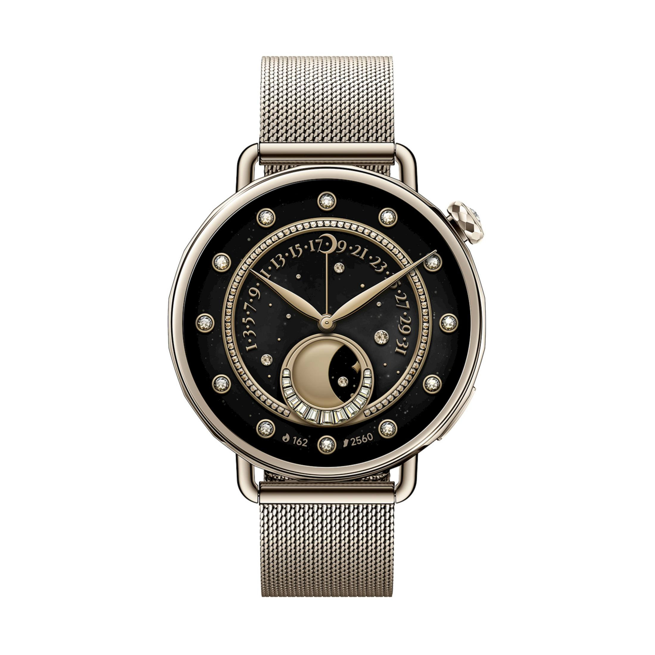 Reloj inteligente dorado con esfera negra, pantalla de fases lunares y diamantes.