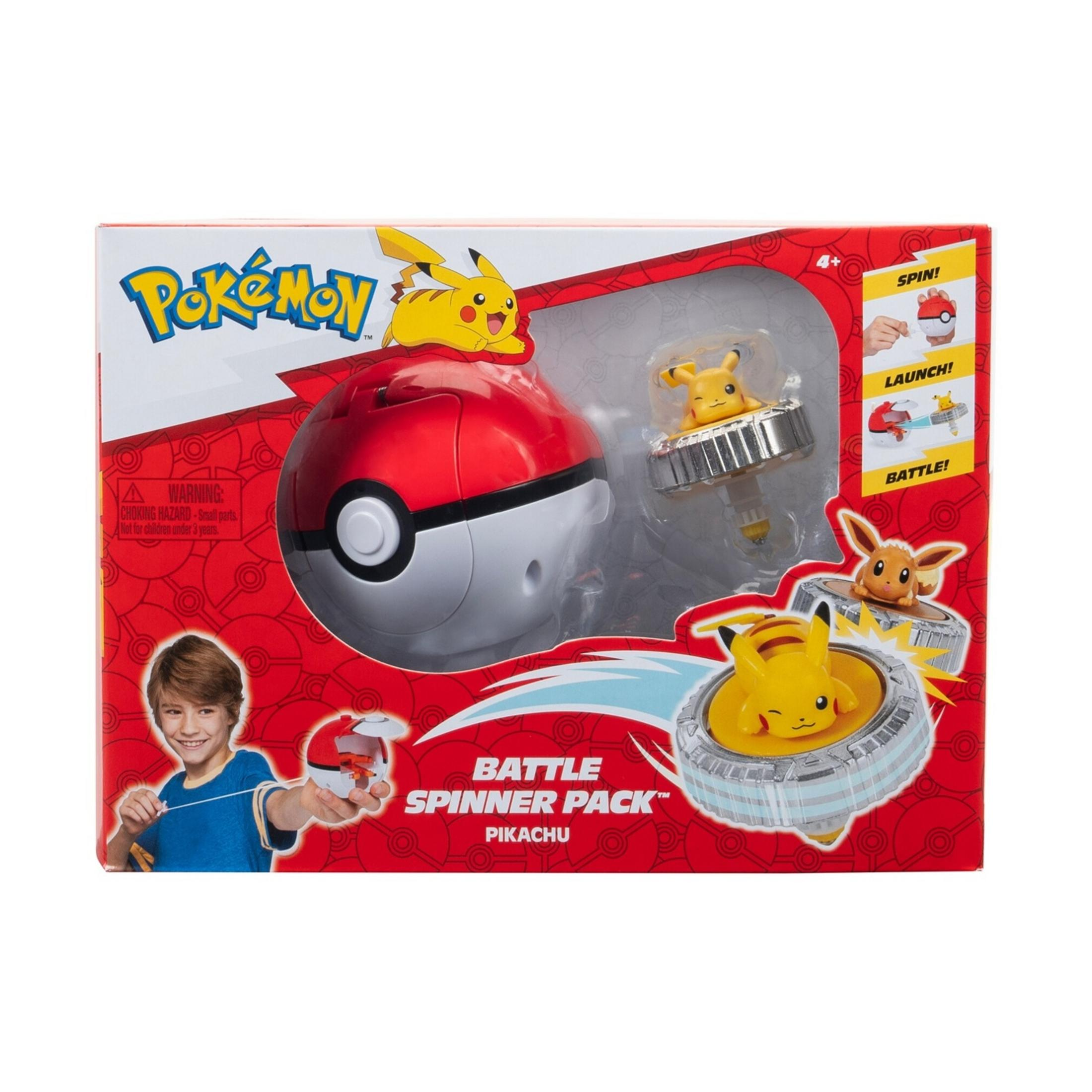 Confezione Spinner Battaglia Pokémon con Pikachu ed Eevee. Include un Pokeball rosso e figure giocattolo.