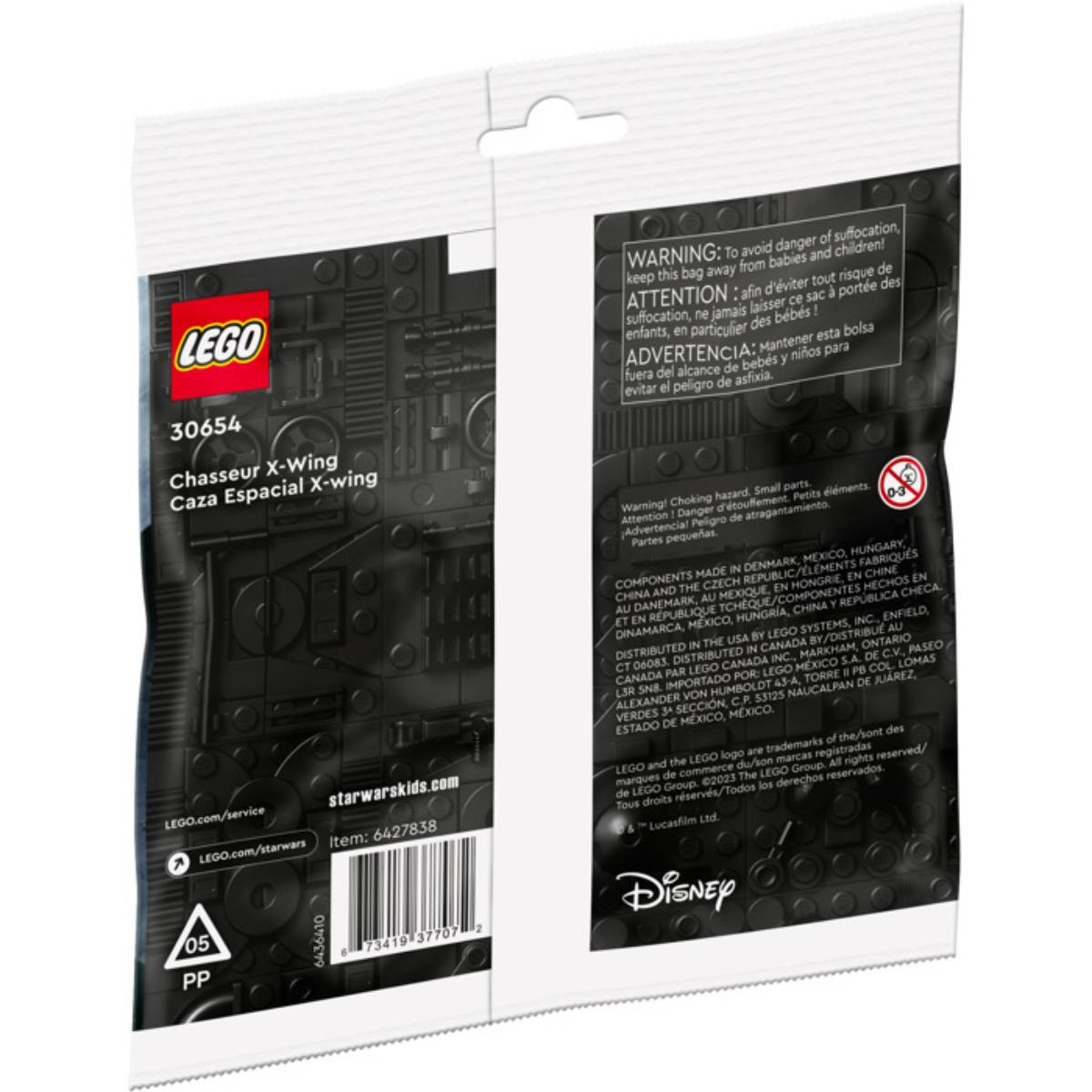 LEGO X-Wing Set 30654 su sfondo nero, con etichette di avvertenza.