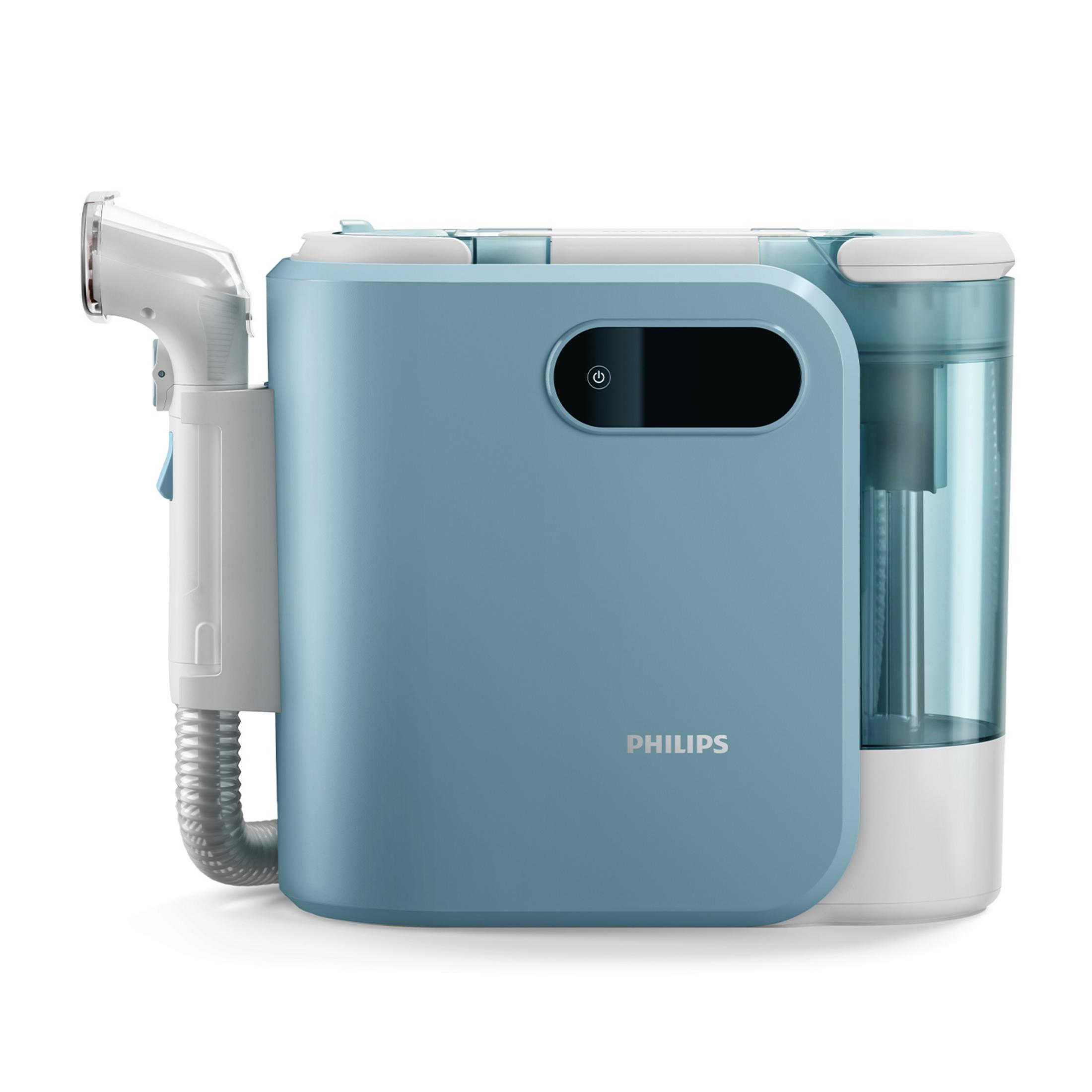 Un dispositivo Philips blu con tubo e maschera bianchi.
