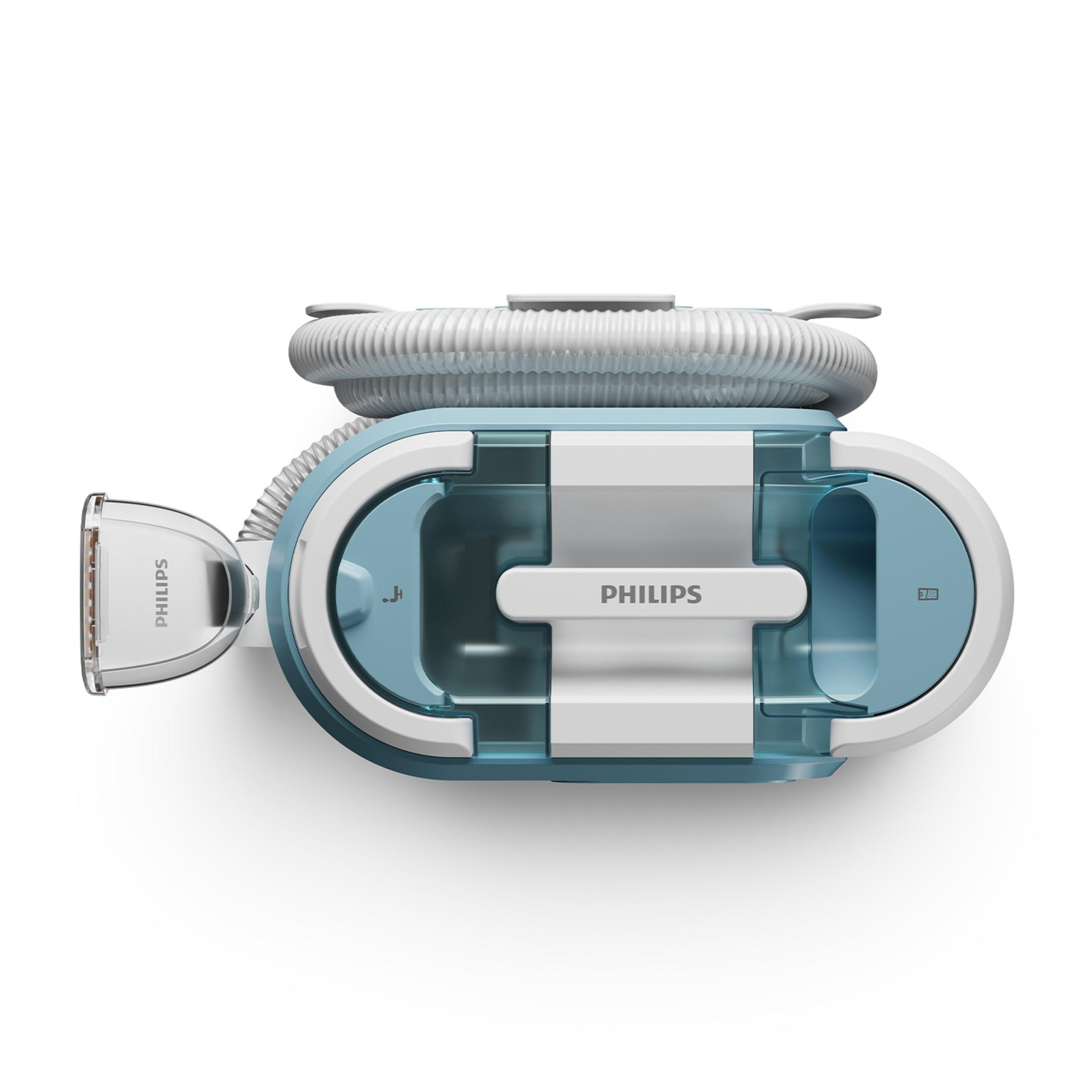 Un umidificatore CPAP Philips blu e bianco con tubo, visto dall'alto.