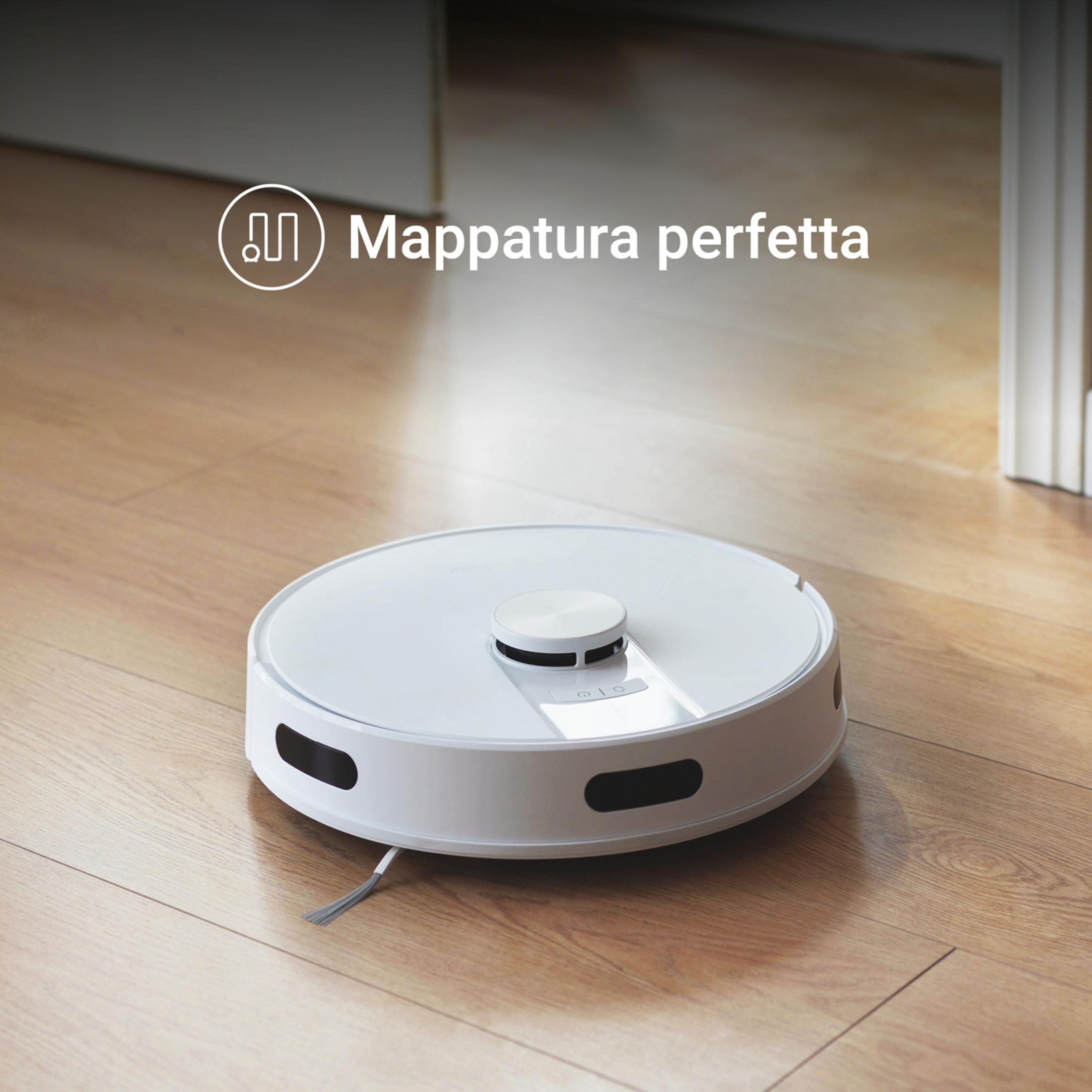 Biały robot sprzątający na drewnianej podłodze z napisem "Mappatura perfetta".