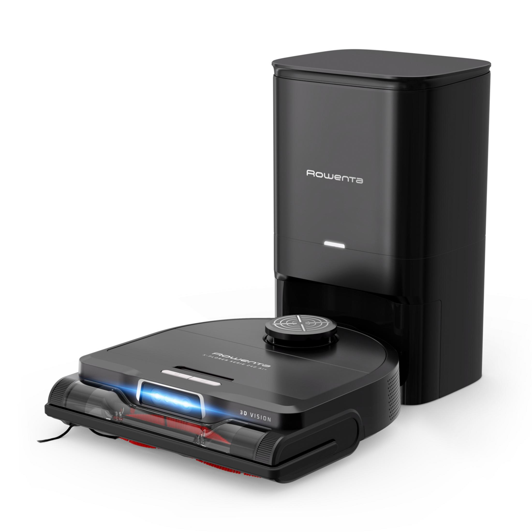 Aspiradora robot negra con base de carga, logo Rowenta.