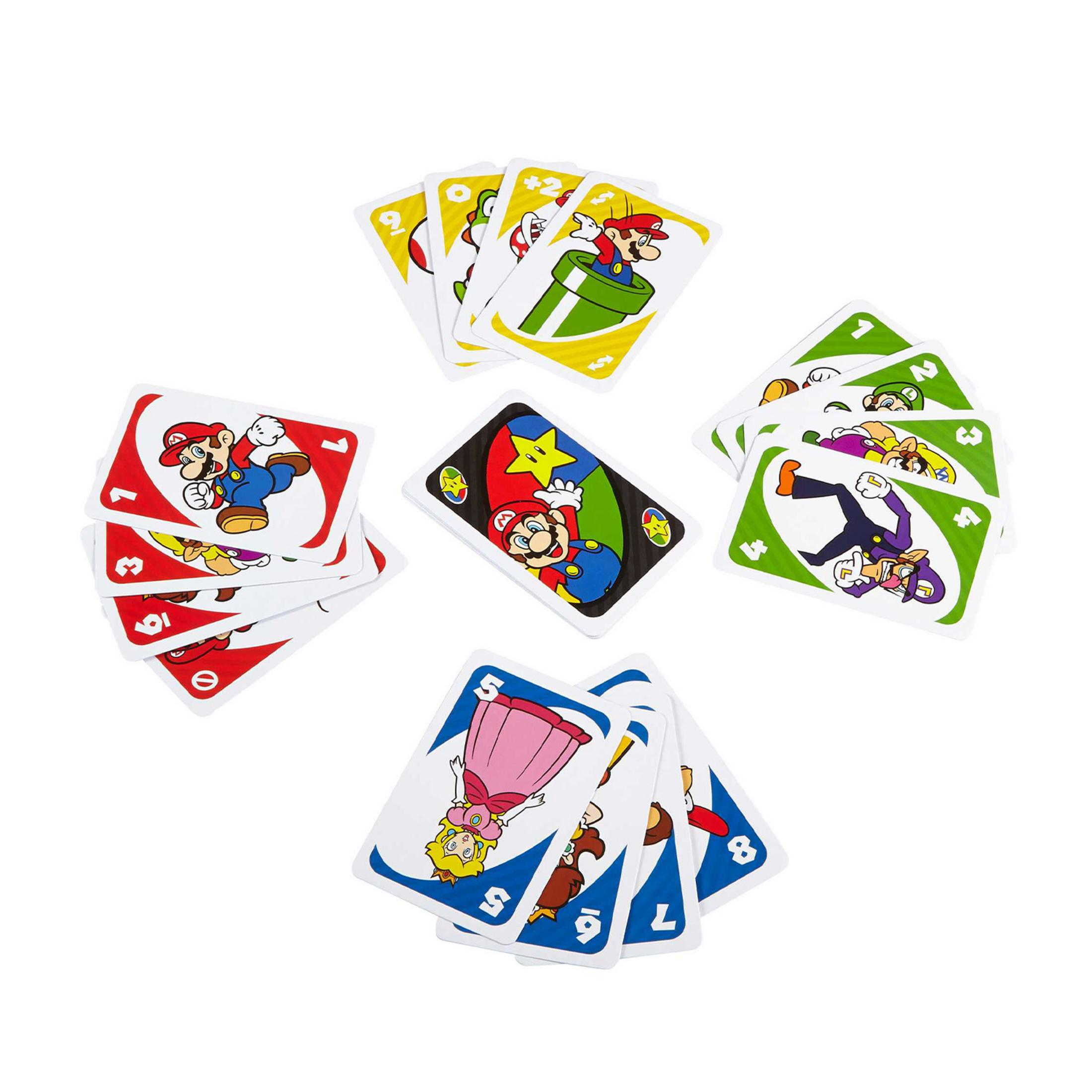 Cartes UNO Mario avec des personnages comme Mario, Luigi, Peach et Waluigi.