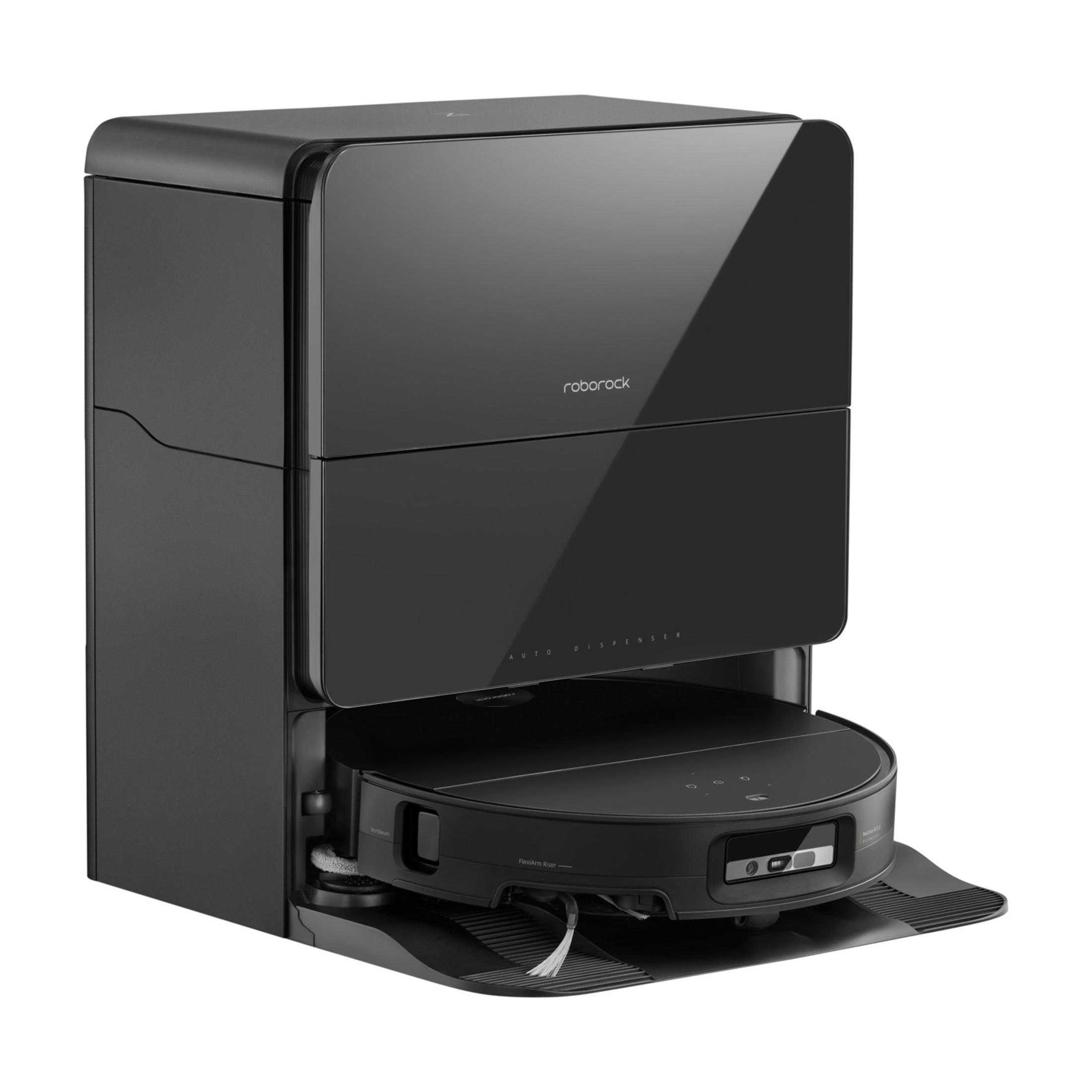 Czarny robot sprzątający ze stacją dokującą. Robot znajduje się na stacji.