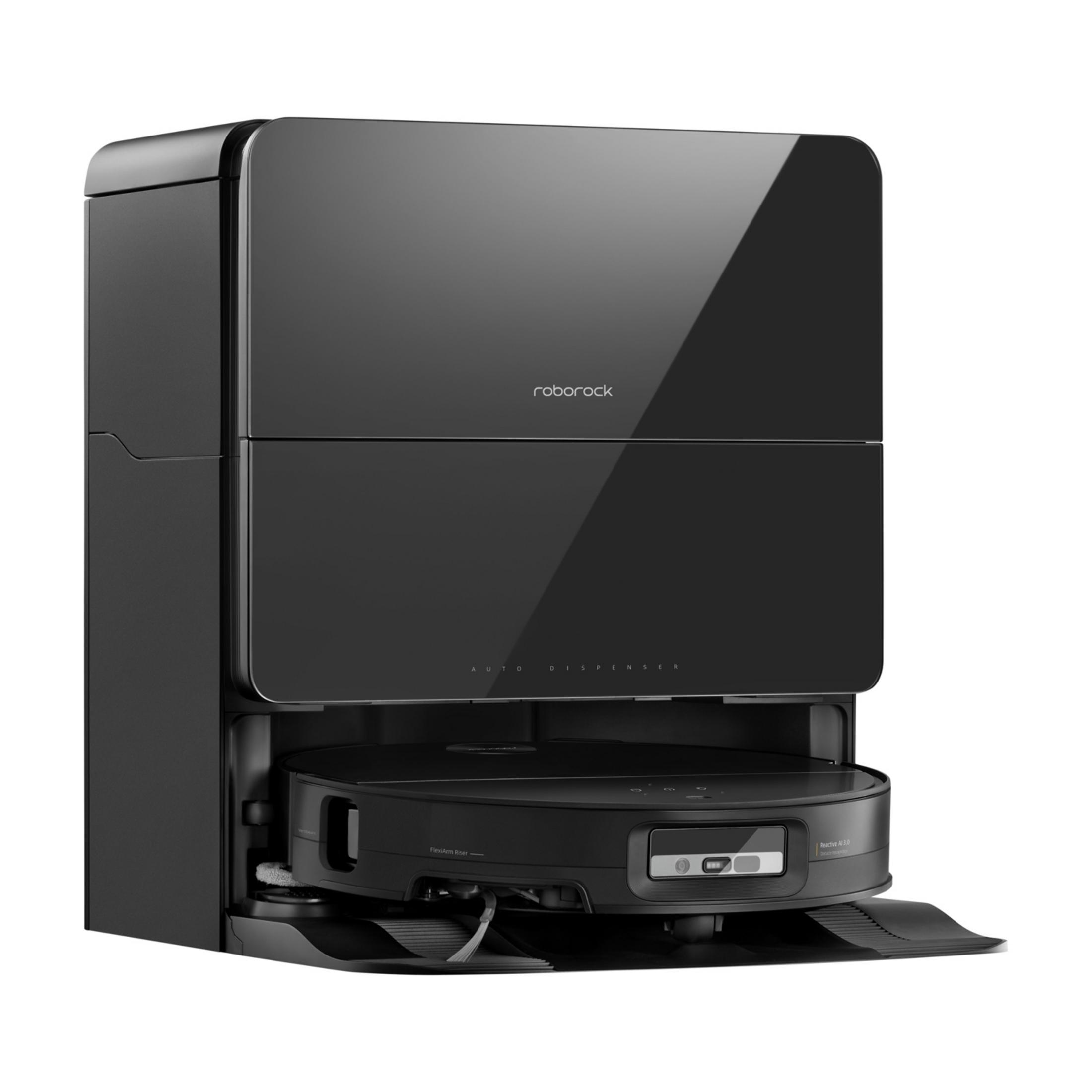 Czarny robot sprzątający ze stacją dokującą i napisem "Auto Dispenser".