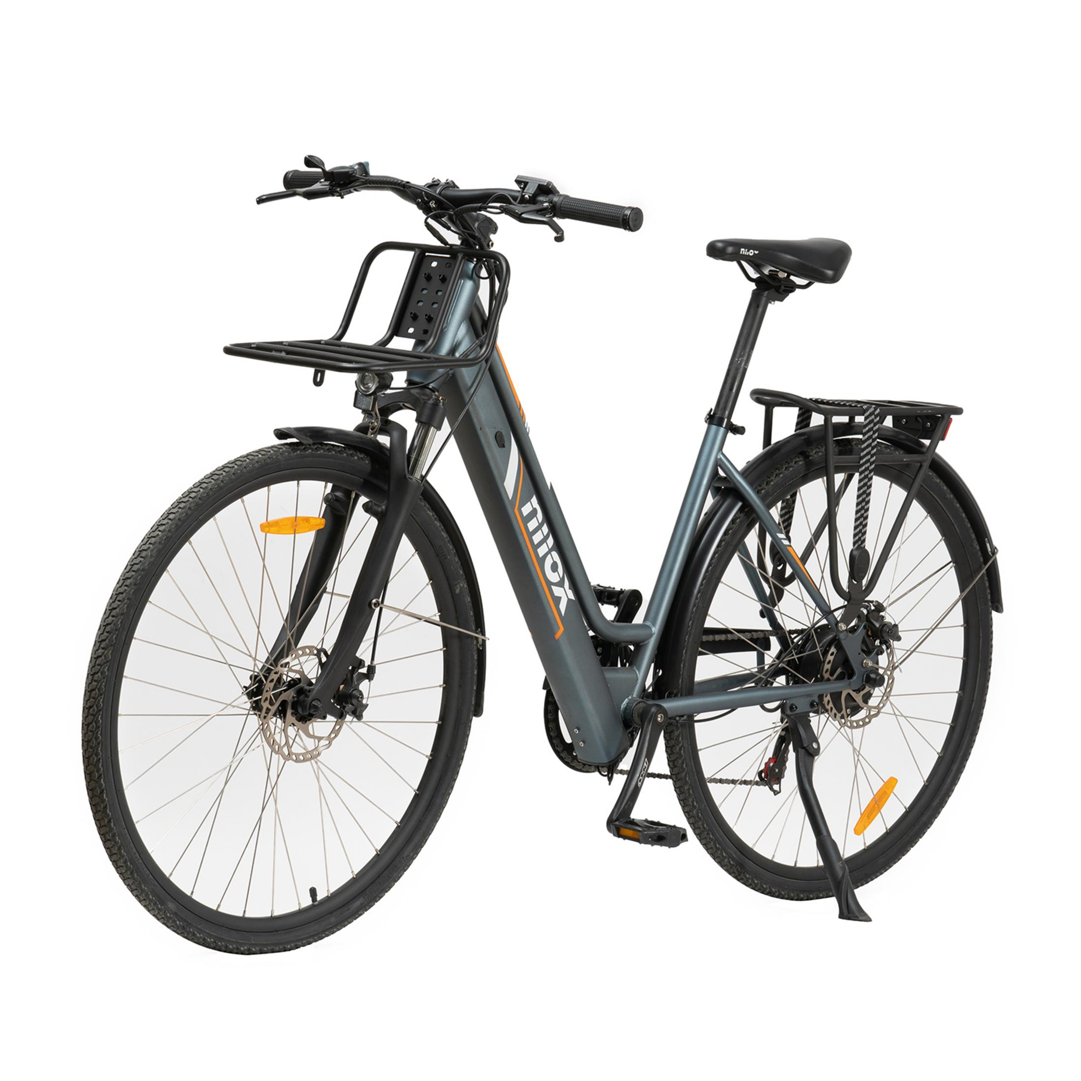 E-bike grigia con portapacchi anteriore e posteriore, logo bianco e arancione.