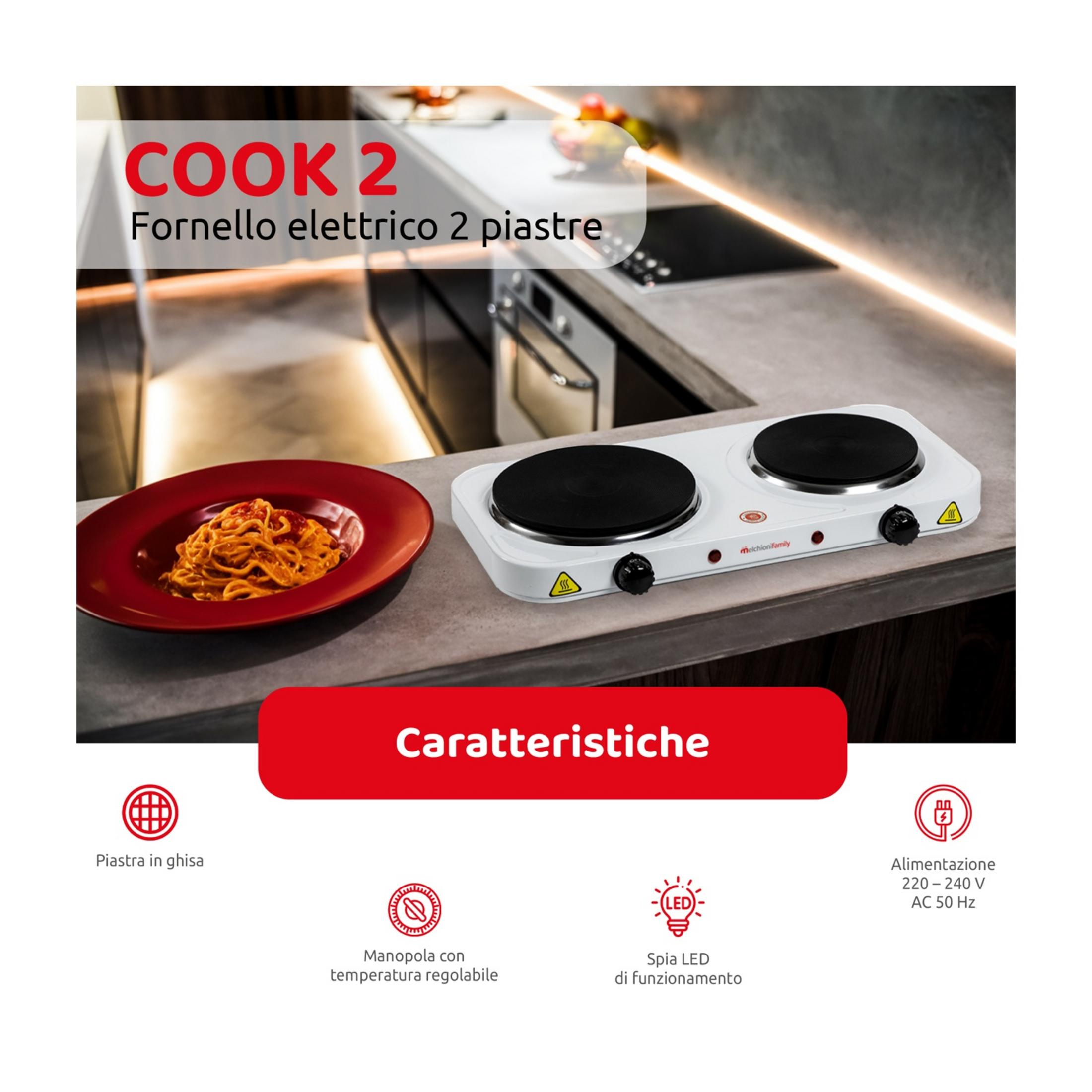 Biała kuchenka elektryczna z dwoma palnikami stoi na blacie obok talerza spaghetti.