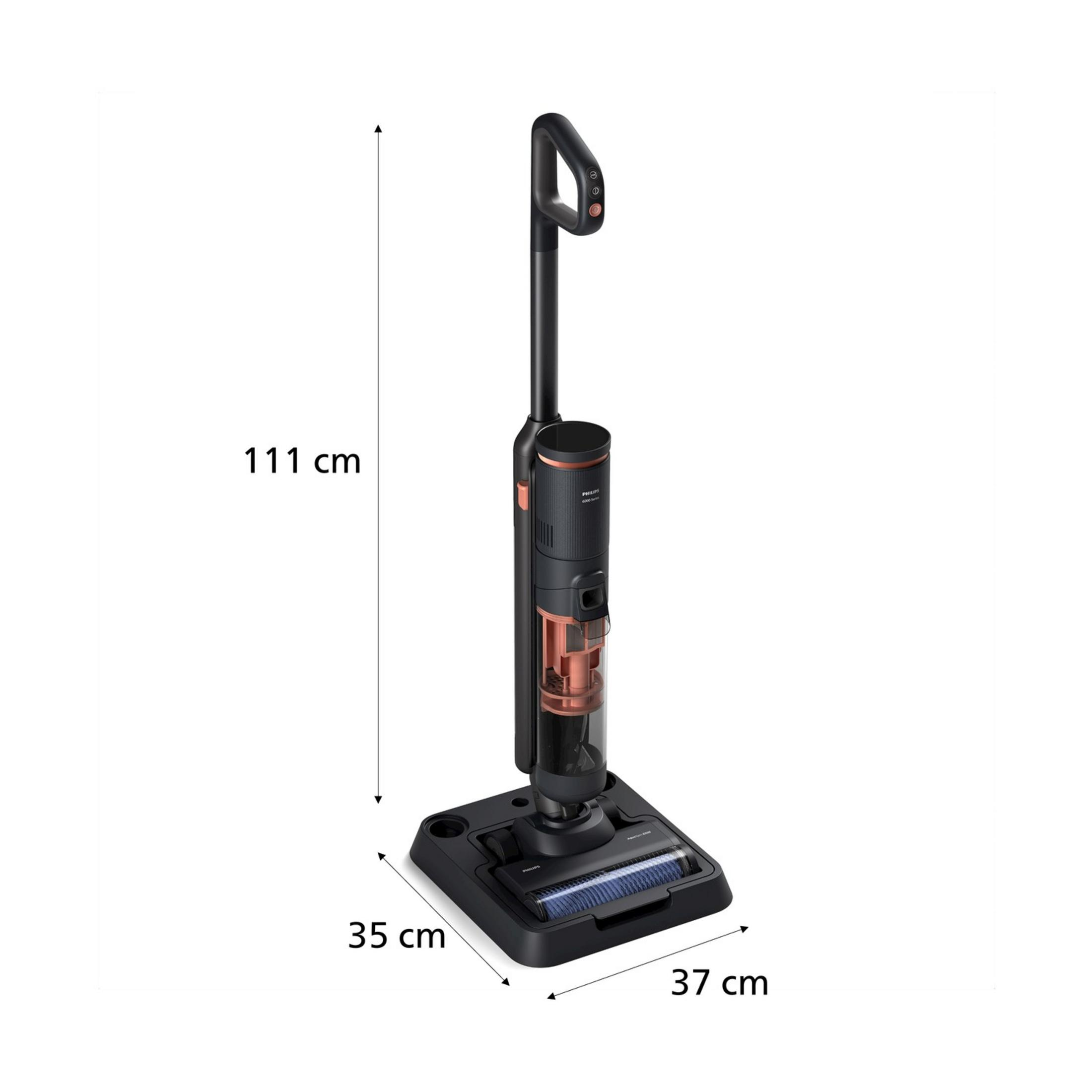 Czarny odkurzacz pionowy z brązowymi akcentami, o wysokości 111 cm.