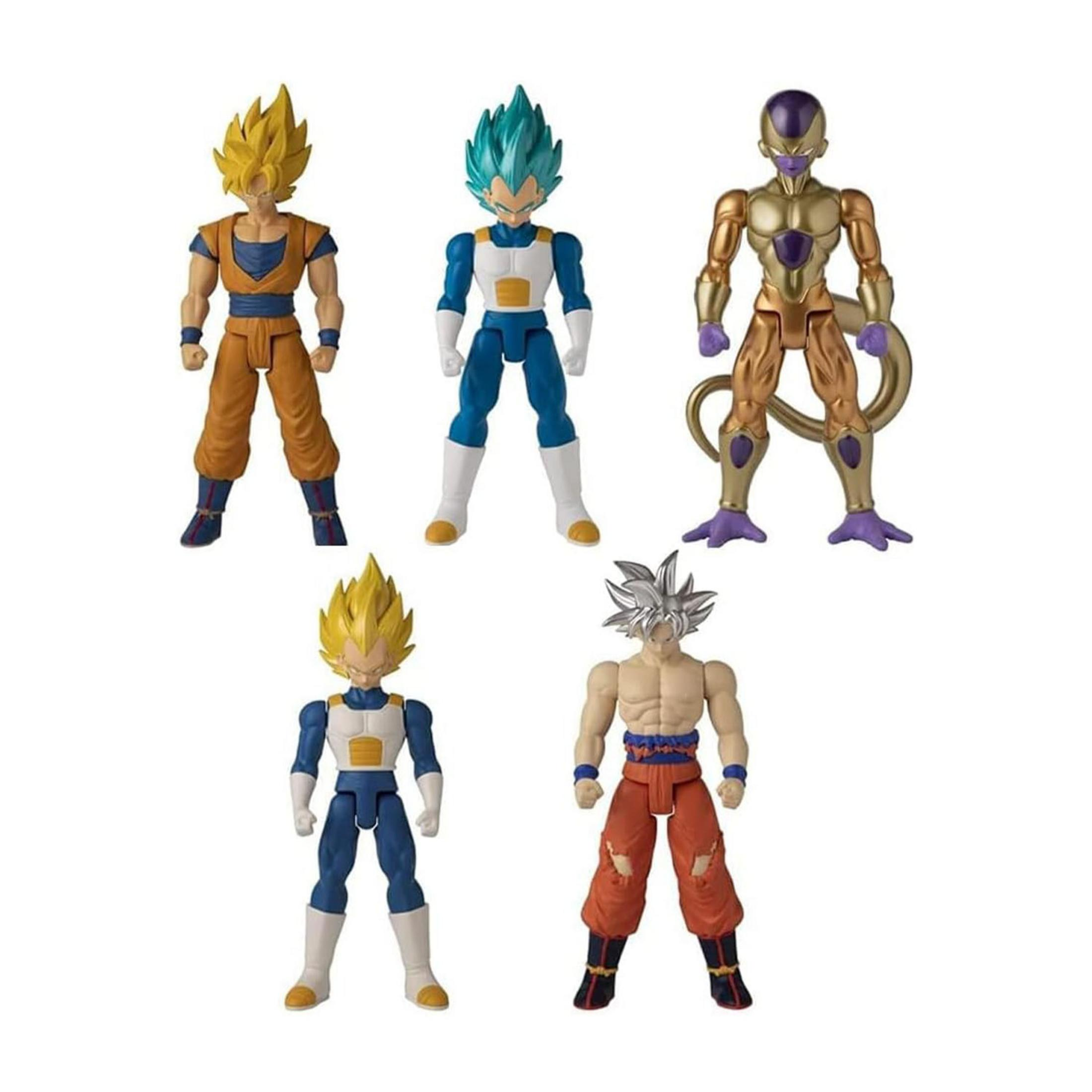 Cinque action figure: Goku, Vegeta, Freezer e altri due.