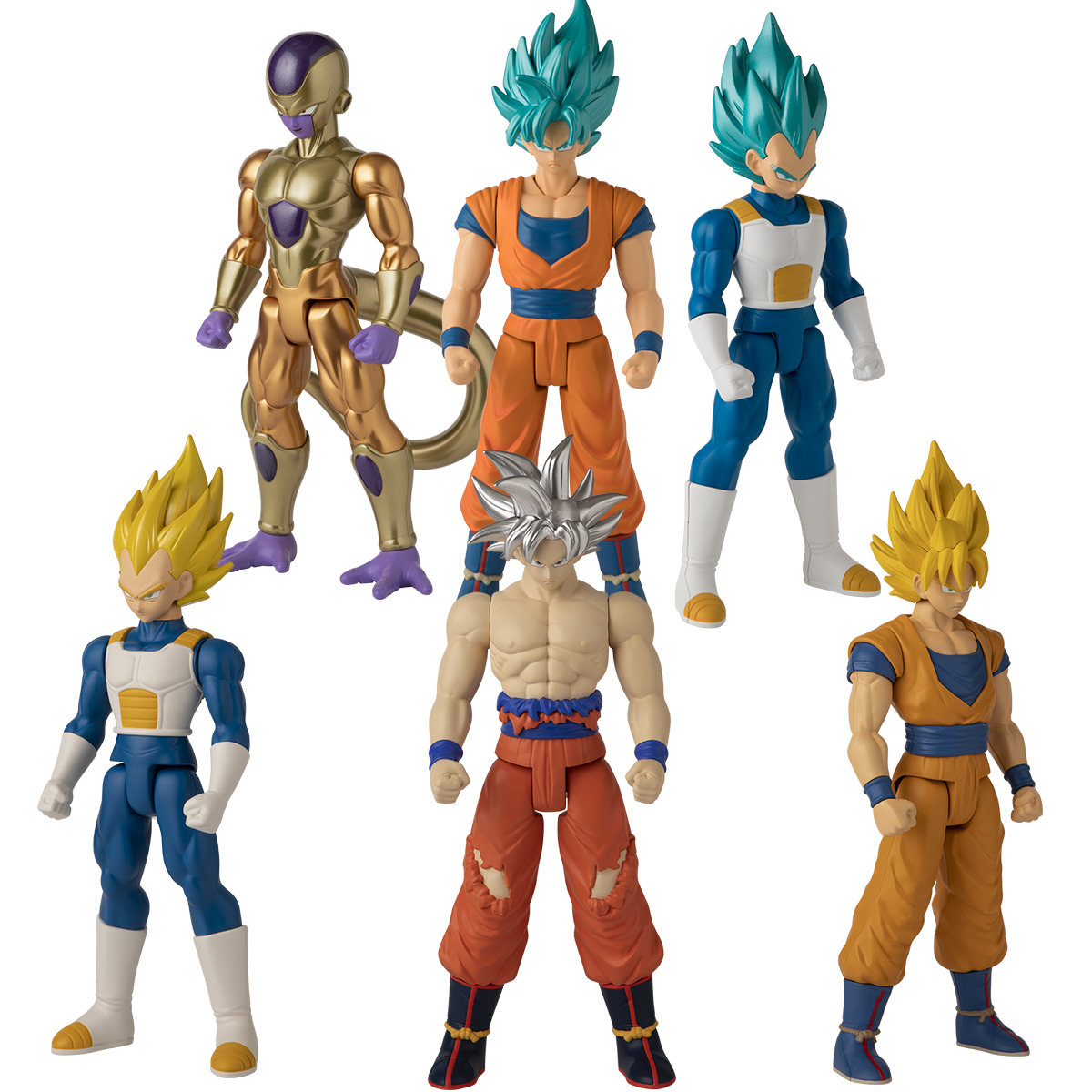 Sei action figure di Dragon Ball: Frieza, Goku (Ultra Istinto), Vegeta, Goku (Super Saiyan), Goku (Blue) e Vegeta (Blue).