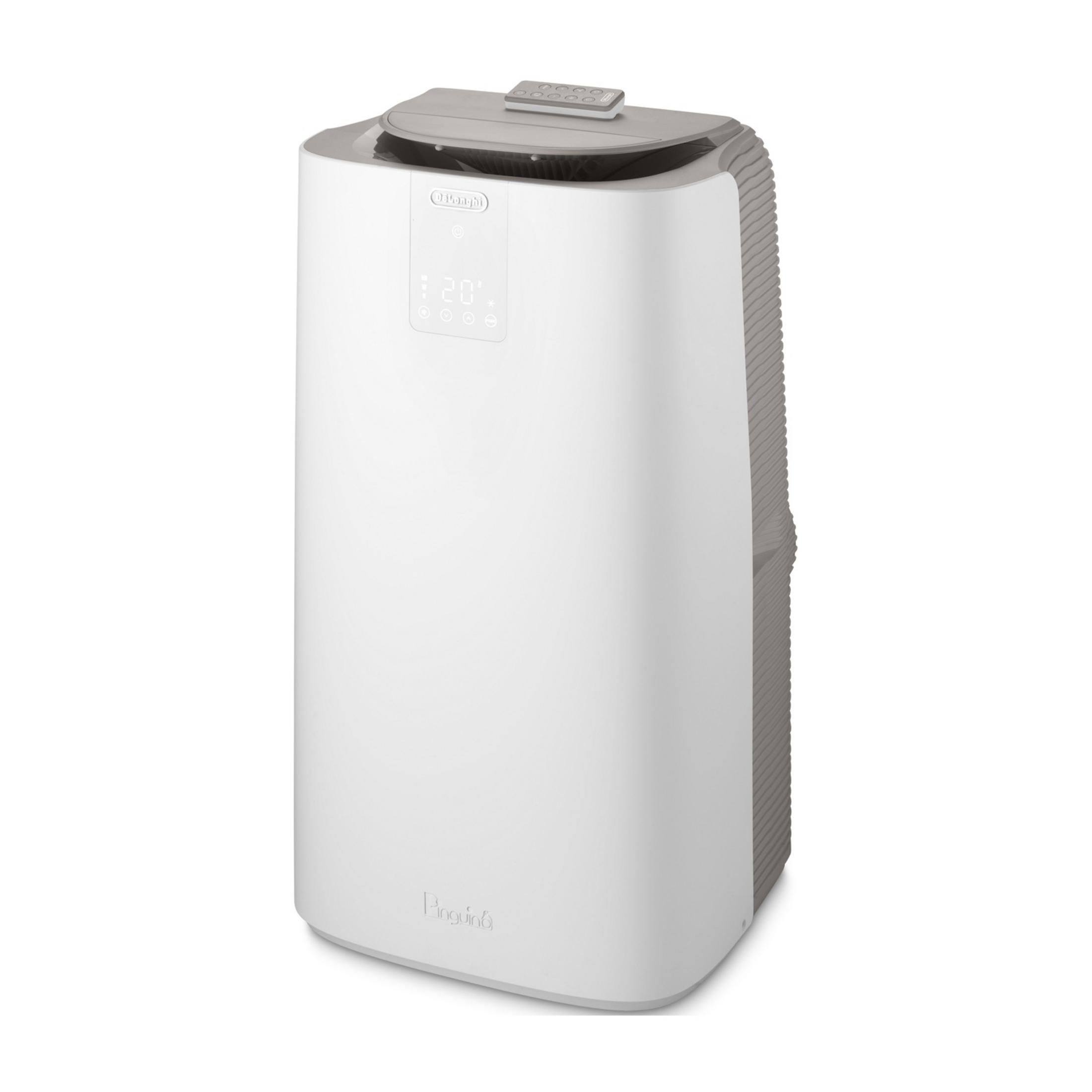 Una torre bianca DeLonghi per condizionatore con lati grigi e telecomando.