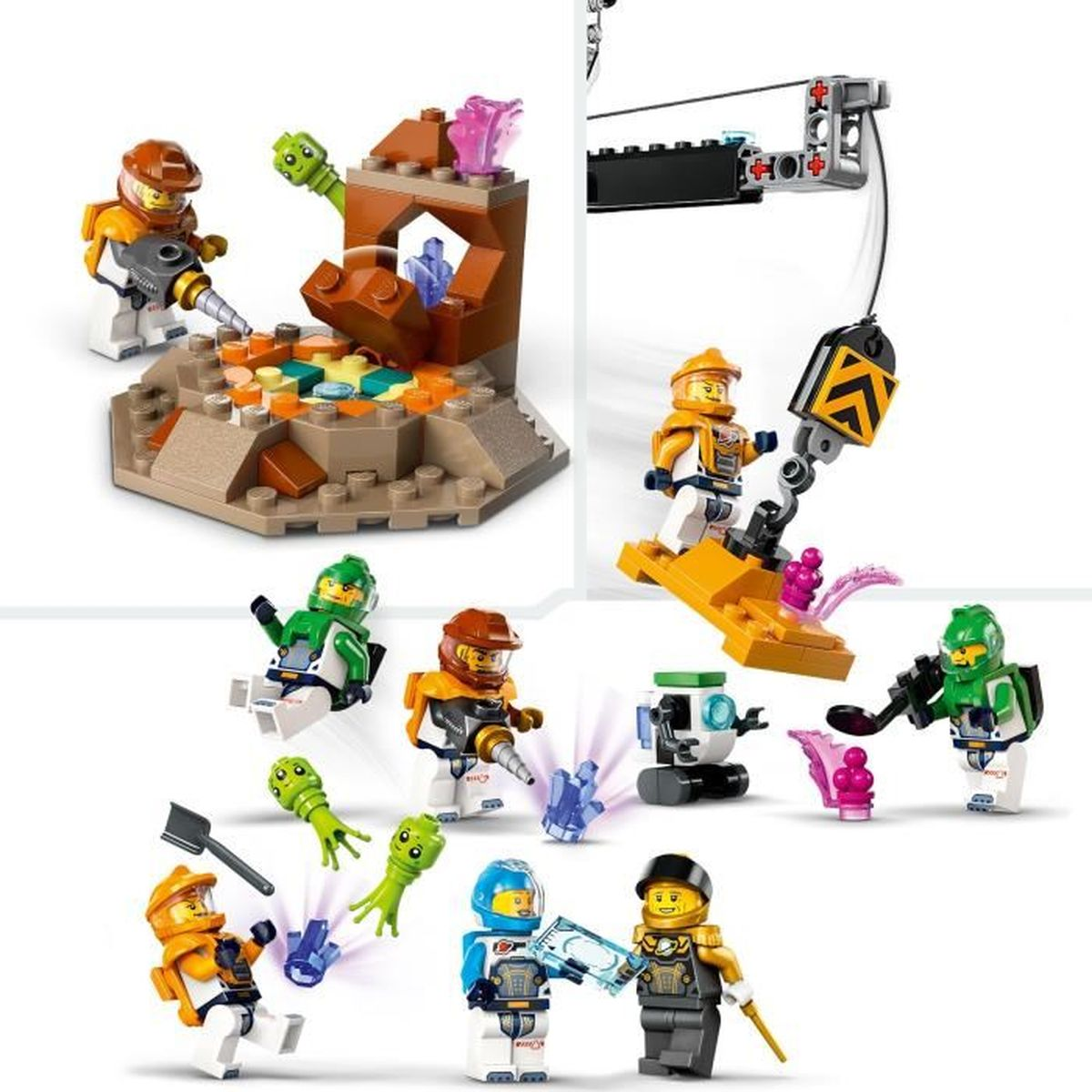 Bunte Lego-Figuren mit Werkzeugen und Kreaturen auf einer Felsenlandschaft.