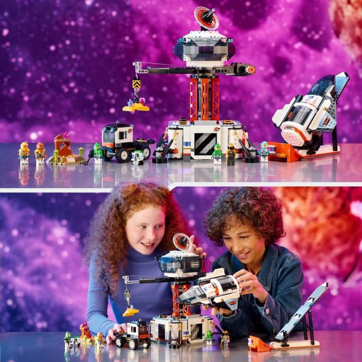 Lego-Weltraumspielzeug: Raumstation, Rakete, Laster, Astronauten und Aliens.
