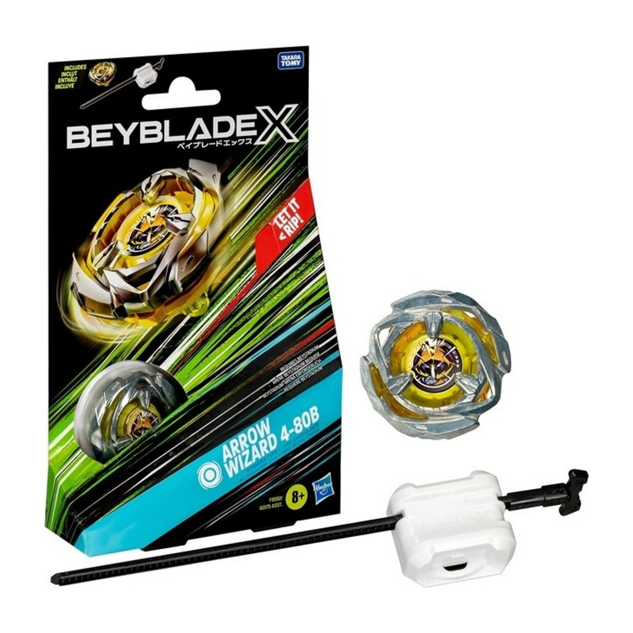 Juguete Beyblades X Arrow Wizard 4-80B con lanzador y embalaje.