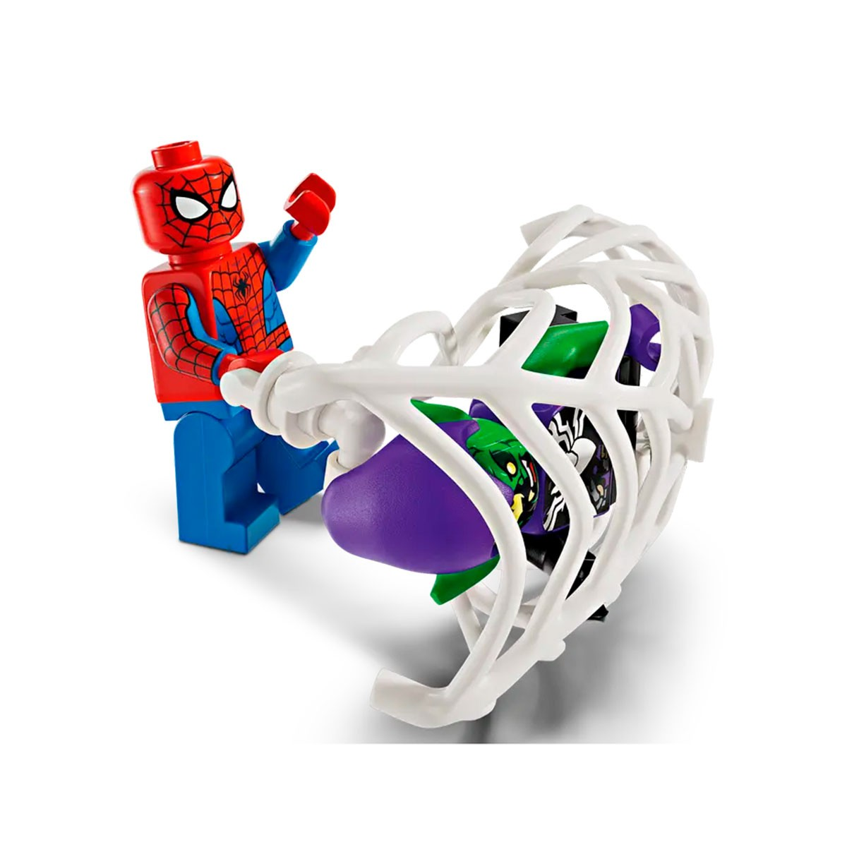 Lego Spider-Man fängt Green Goblin in einem Spinnennetz-Käfig mit lila und grünen Elementen.