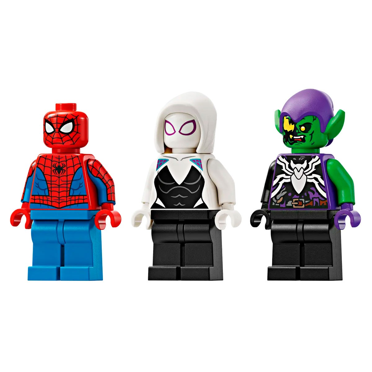 Drei Lego-Figuren: Spider-Man, Ghost-Spider und Green Goblin.