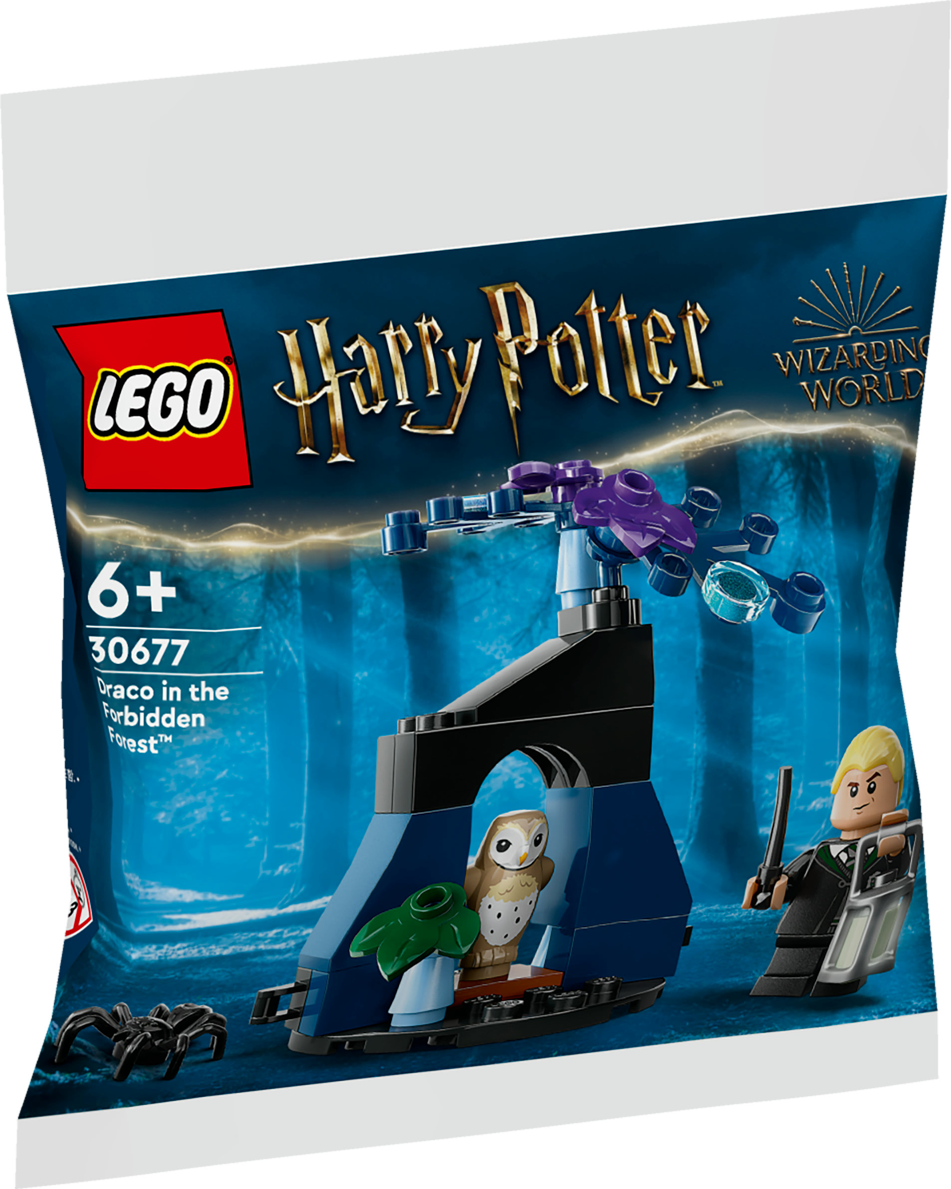 LEGO Harry Potter Set: Draco mit Eule, Spinne in dunklem Wald.