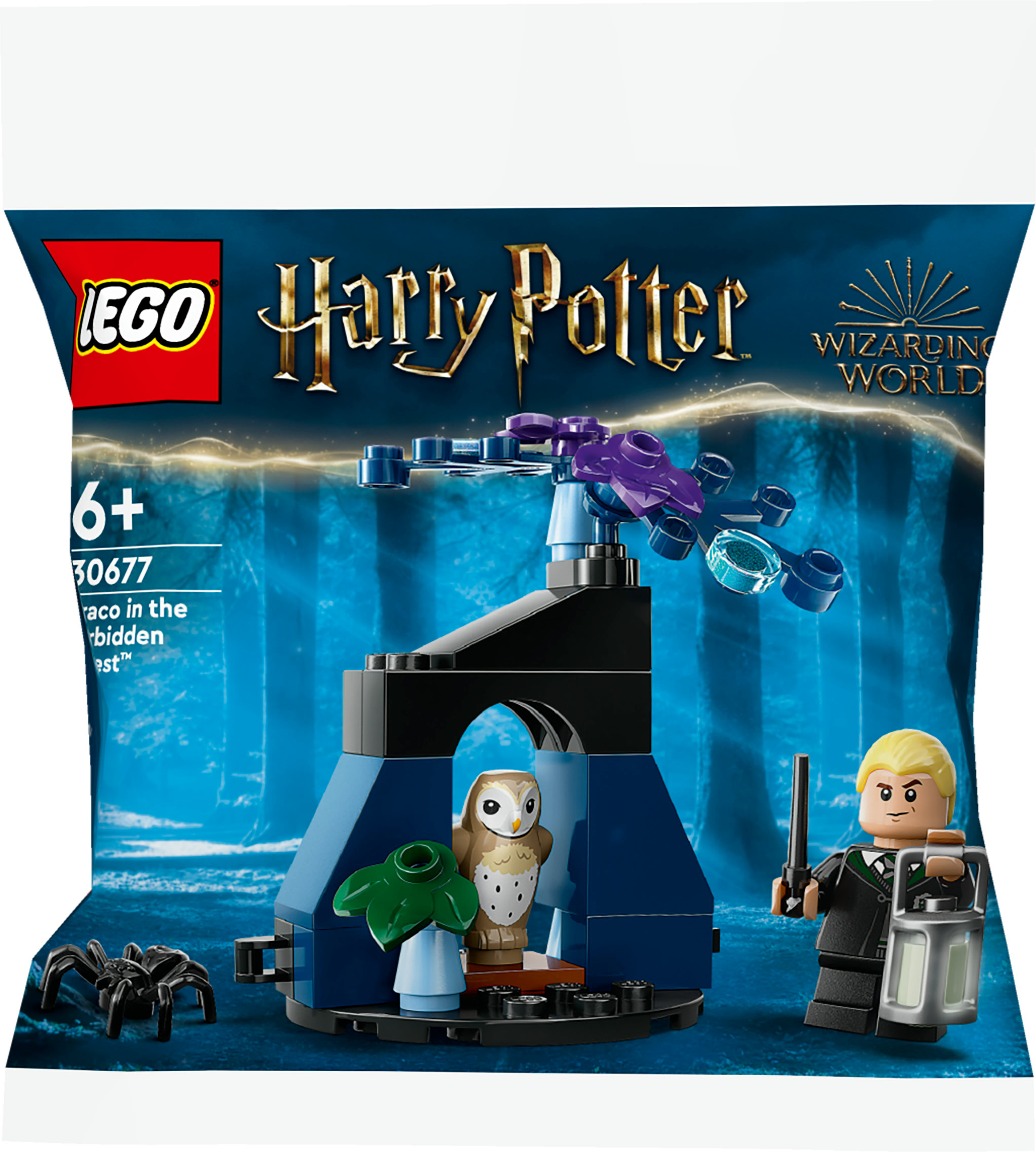 Ein Lego Harry Potter Set mit einer Eule, einer Spinne und einer Figur mit Laterne.