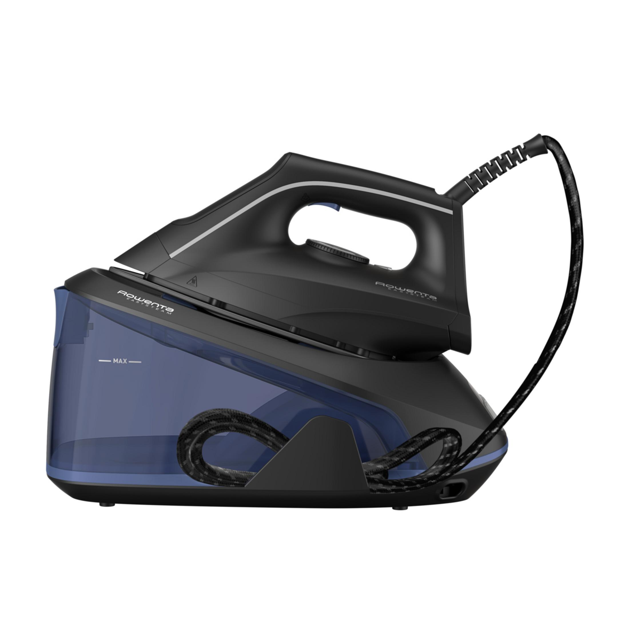 Schwarzes Dampfbügeleisen mit durchsichtigem blauem Wassertank und schwarzem Kabel.