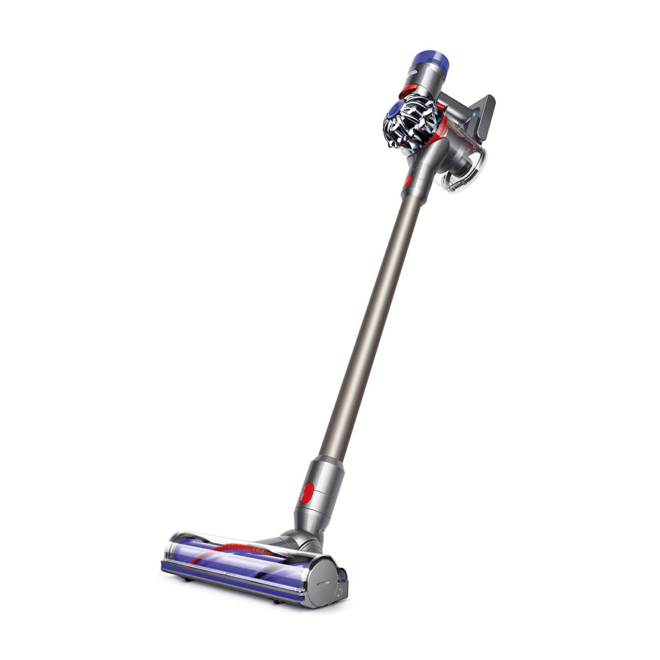 Un aspirapolvere Dyson grigio con accenti blu e rossi.