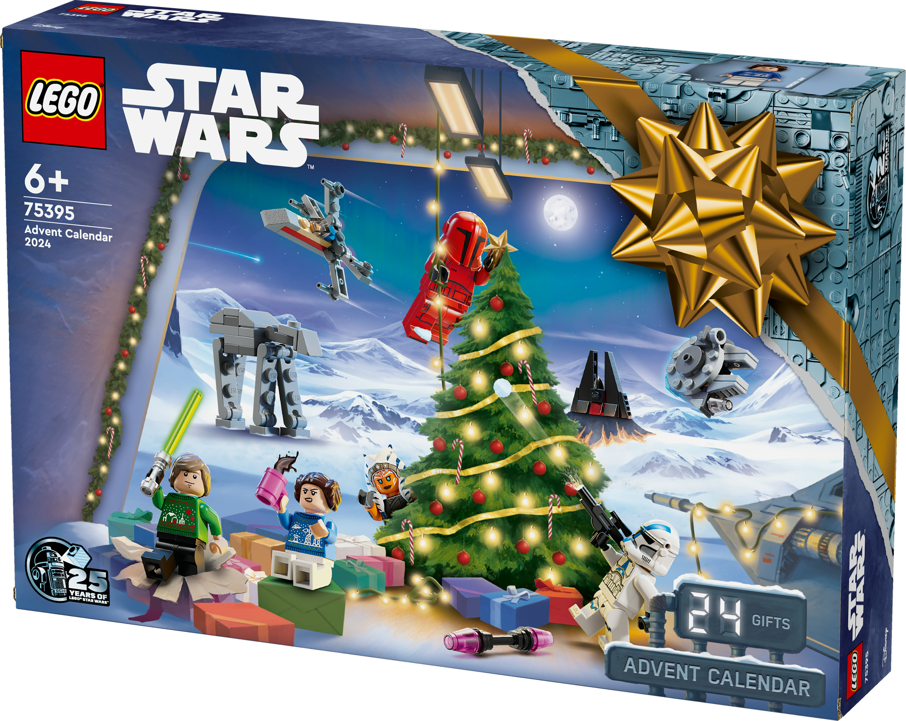 Lego Star Wars Adventskalender mit Figuren, einem Baum und Geschenken.