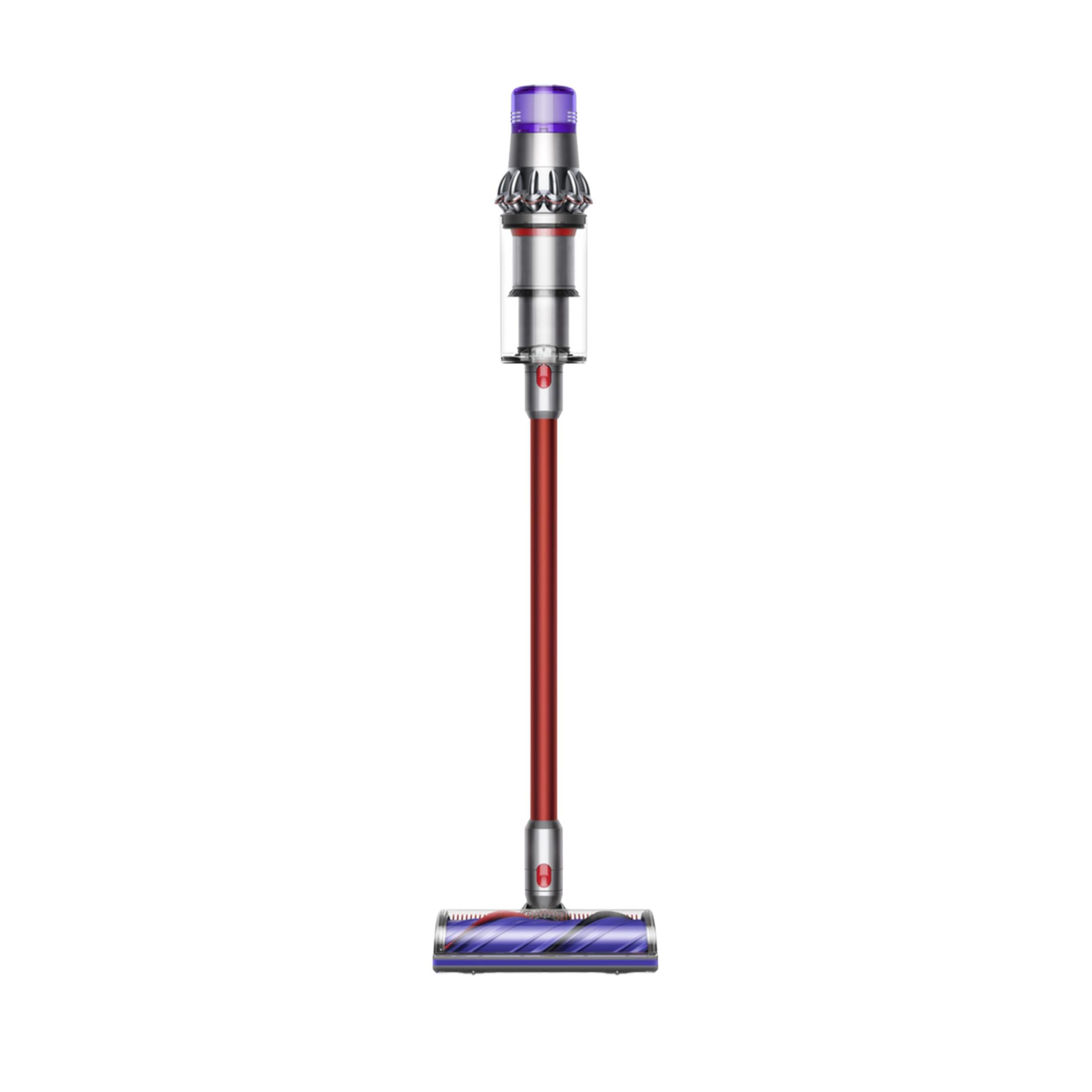 Ein schlanker, roter Stielstaubsauger mit silbernen und violetten Akzenten steht auf weißem Grund.