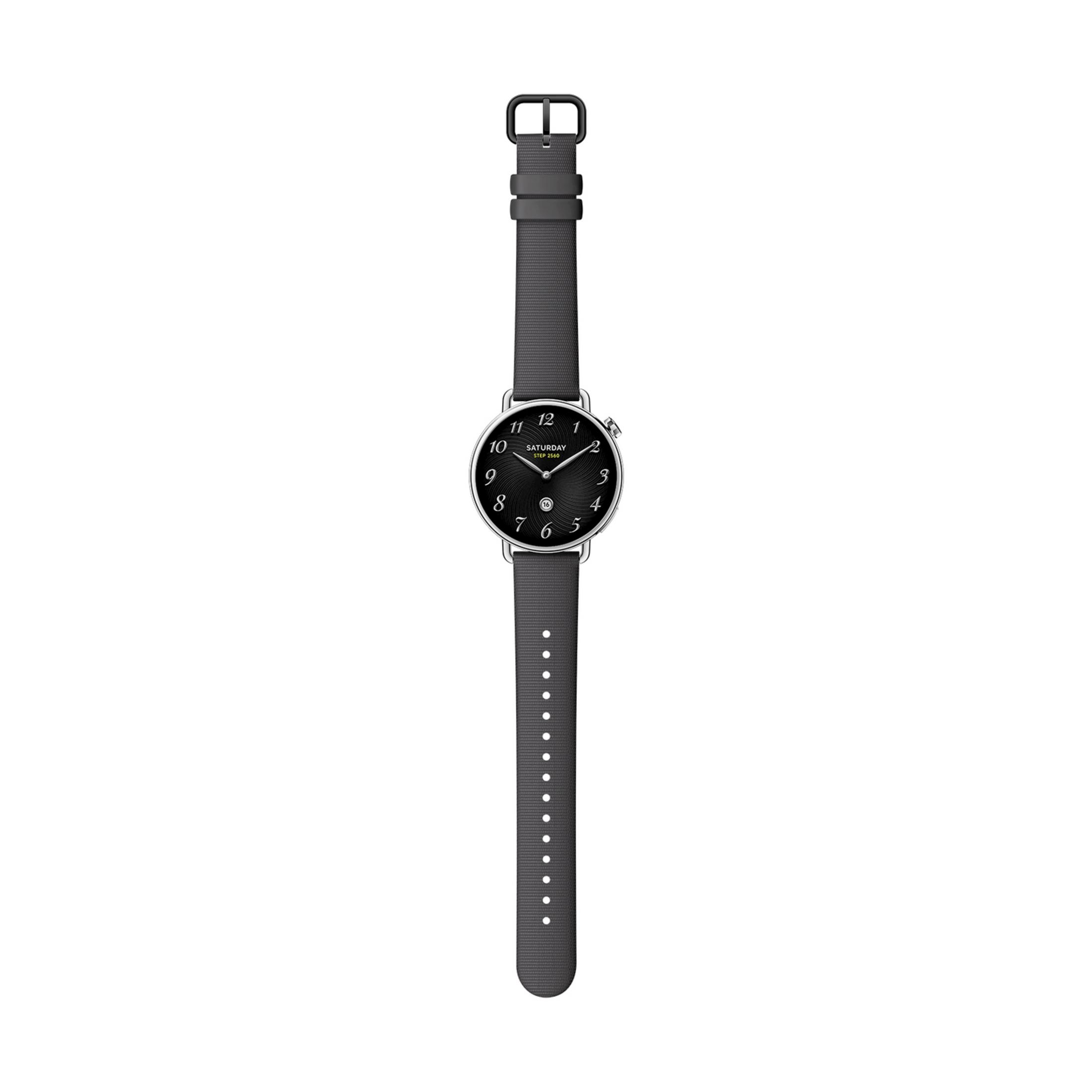 A dark watch with a black dial and silver case.