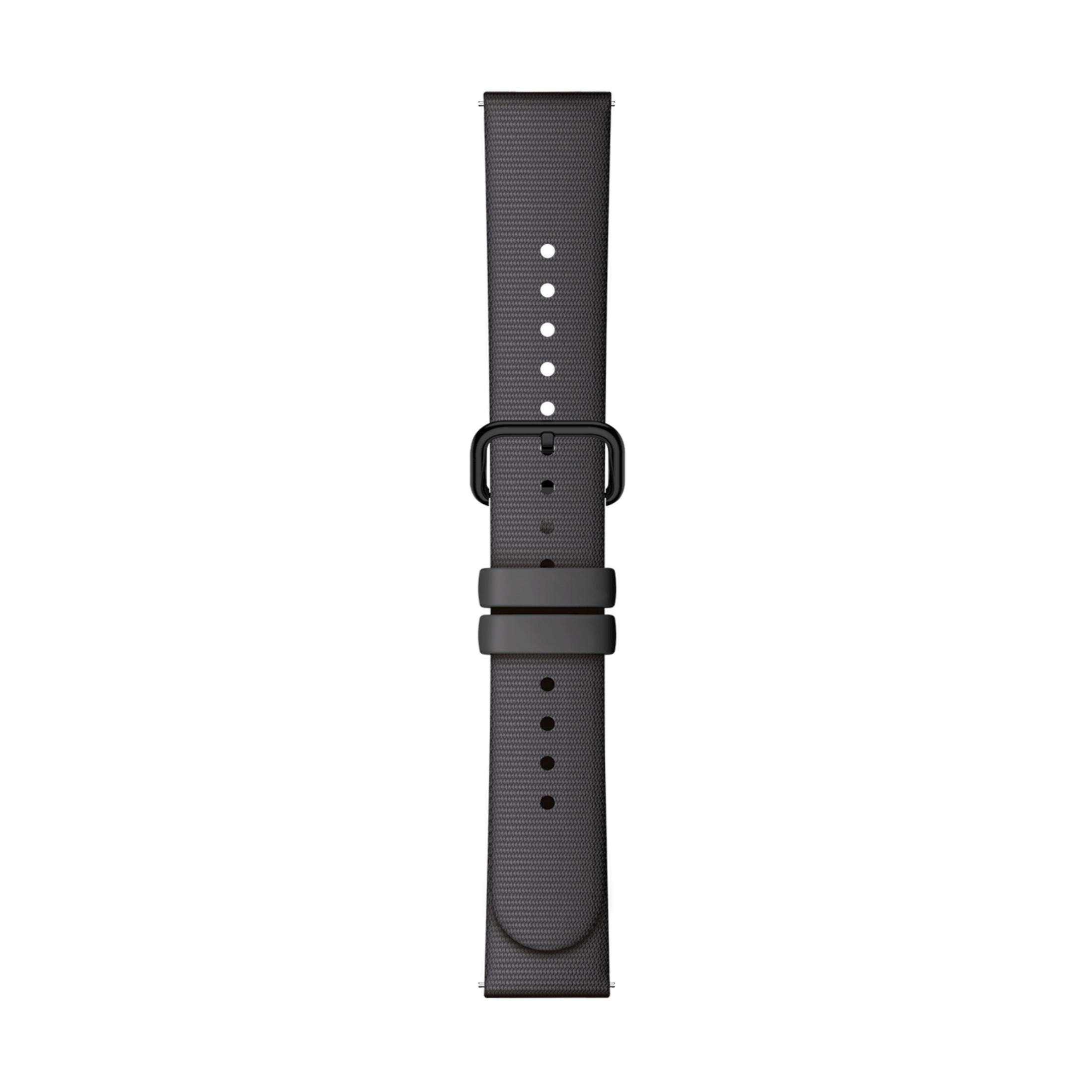 Dark gray textile watch strap with buckle and holes.