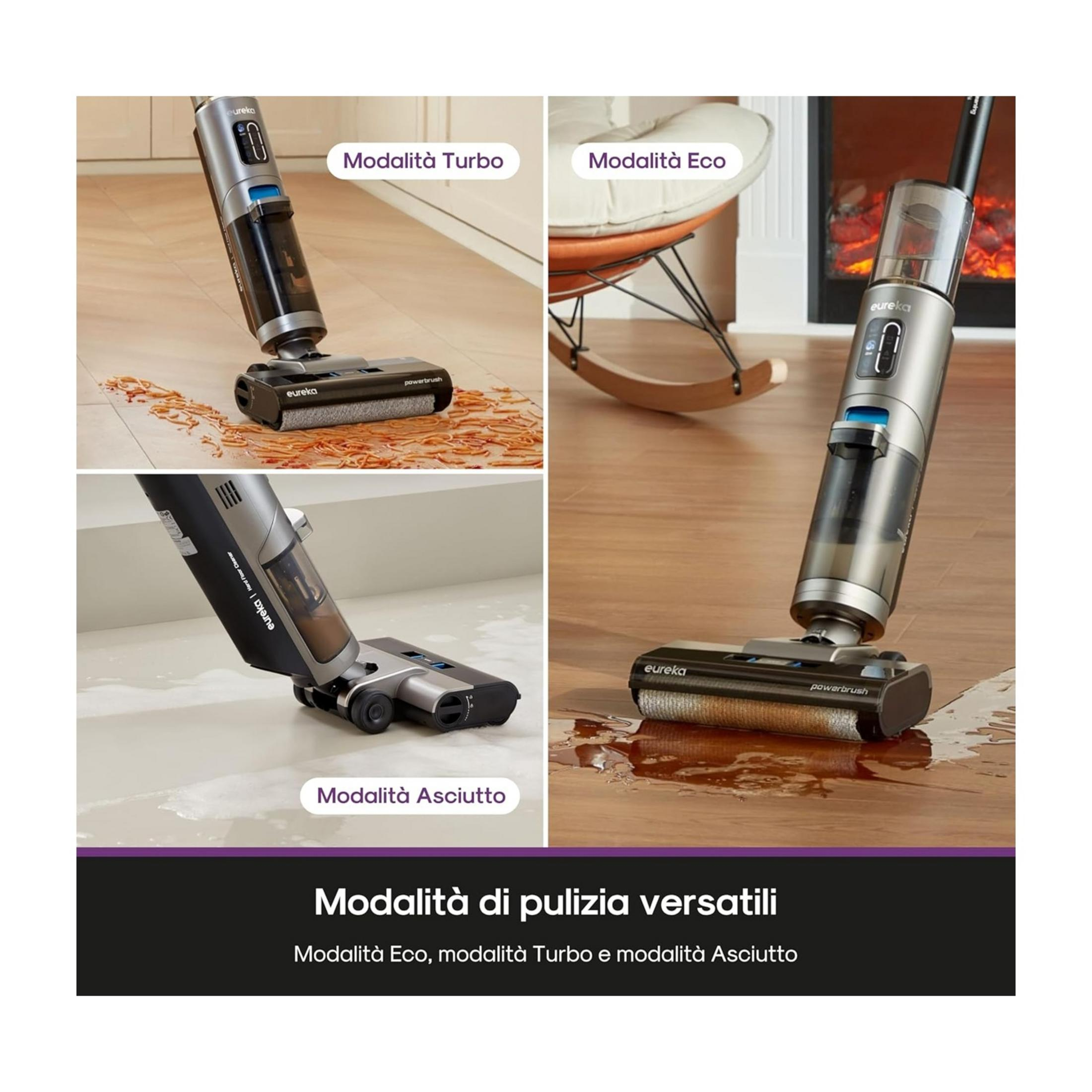 Una aspiradora se muestra en tres modos: Turbo, Eco y limpieza en seco.