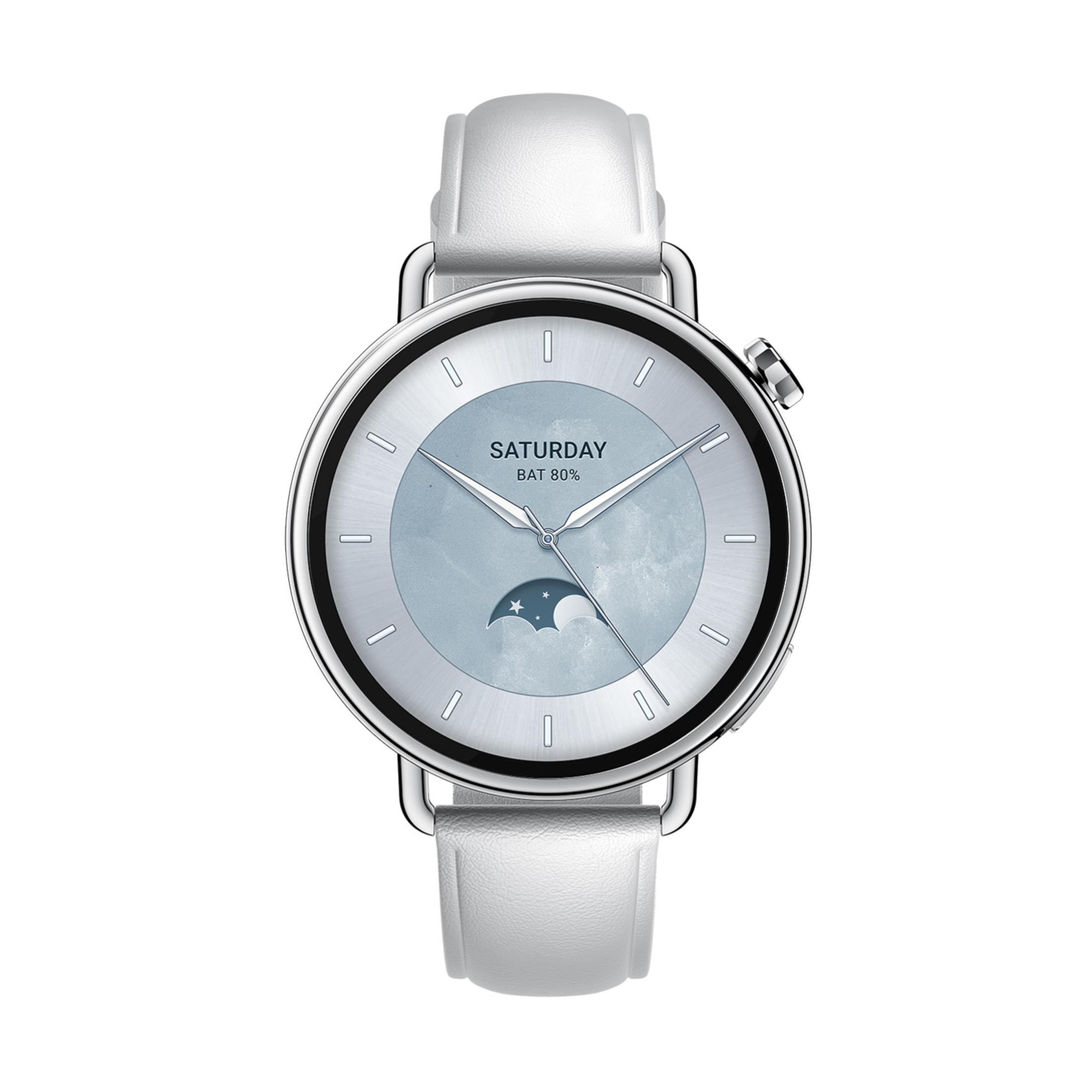 Elegancki srebrny smartwatch z białym skórzanym paskiem i wskaźnikiem faz księżyca.