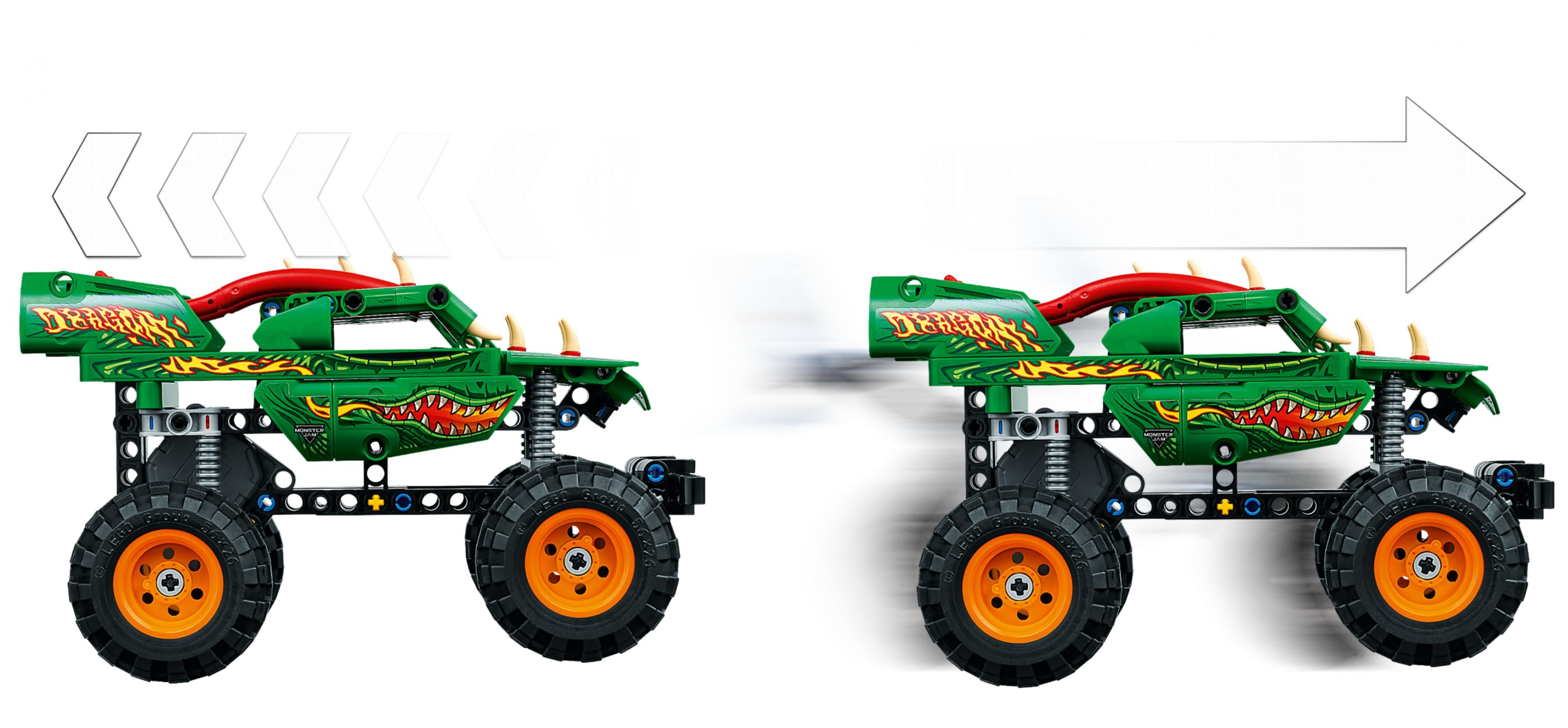 Camion monster giocattolo verde con design di drago, mostra movimento.