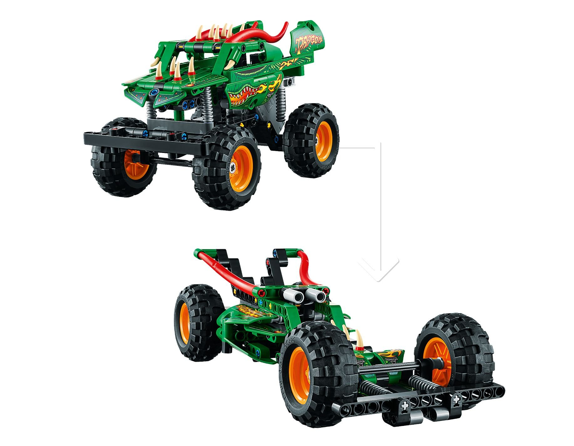 Due monster truck Lego verdi con cerchi arancioni e design di drago.