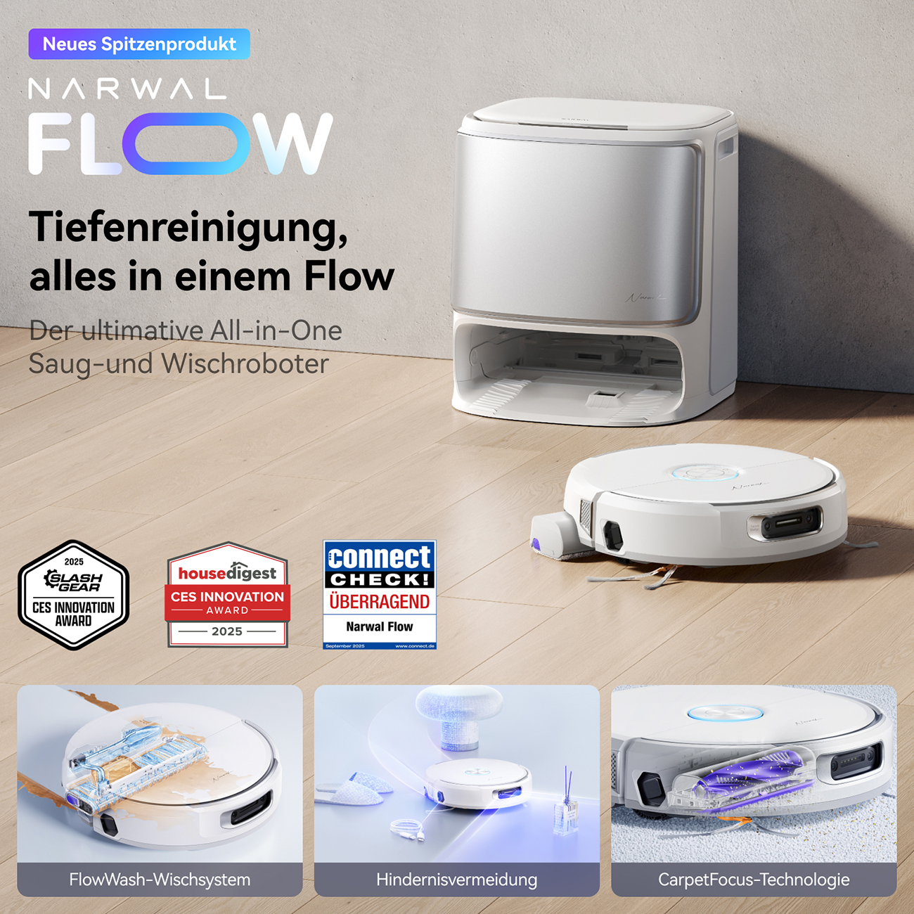 Narwal Flow stof-/dweilrobot met dockingstation, onderscheidingen en detailweergaven.