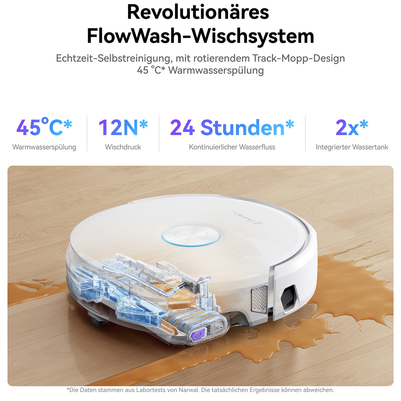 Een robotstofzuiger met transparante uitsnede toont de interne werking, dweilt een gemorste vloeistof op.