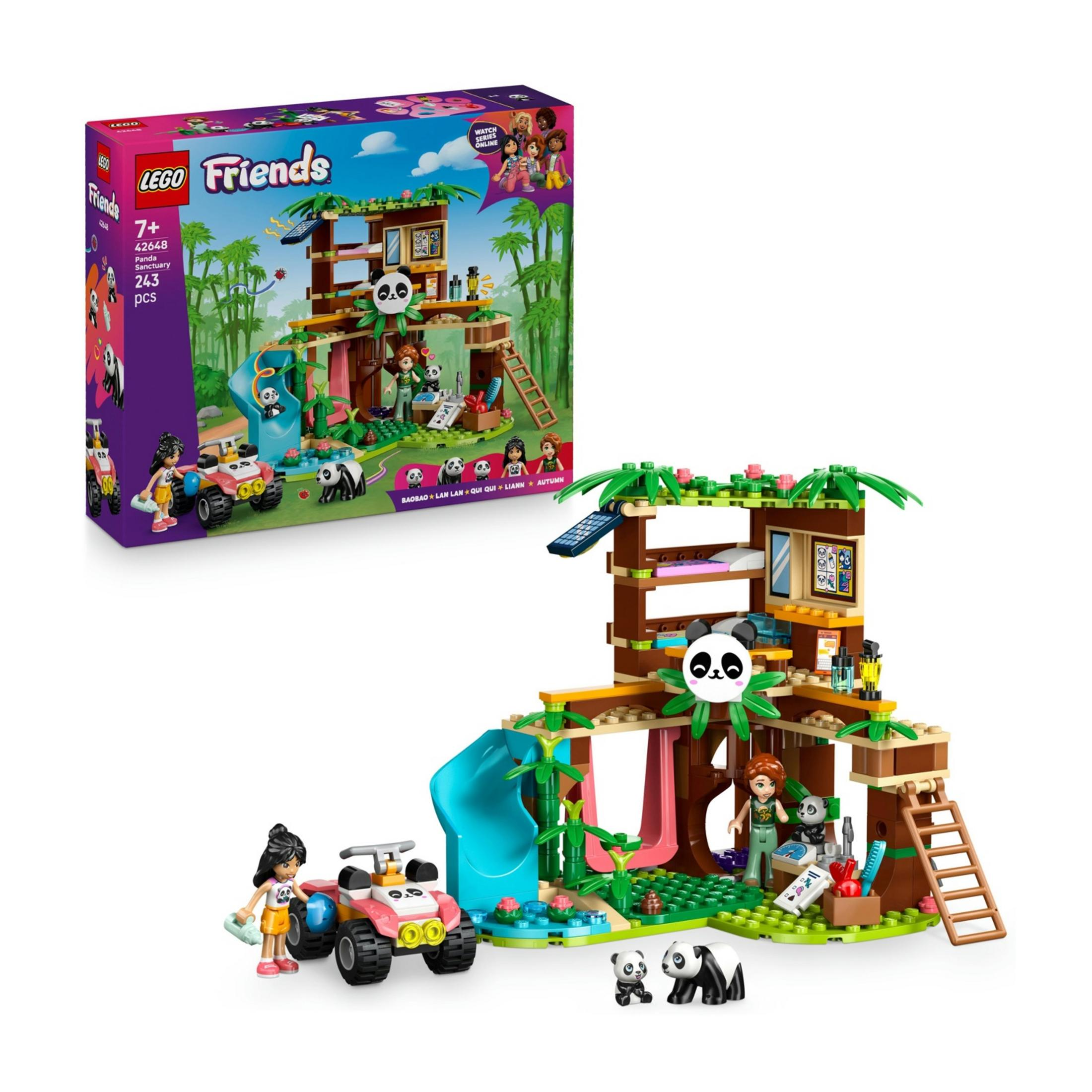 Sanktuarium Panda LEGO Friends z figurkami, quadem i domkiem na drzewie.