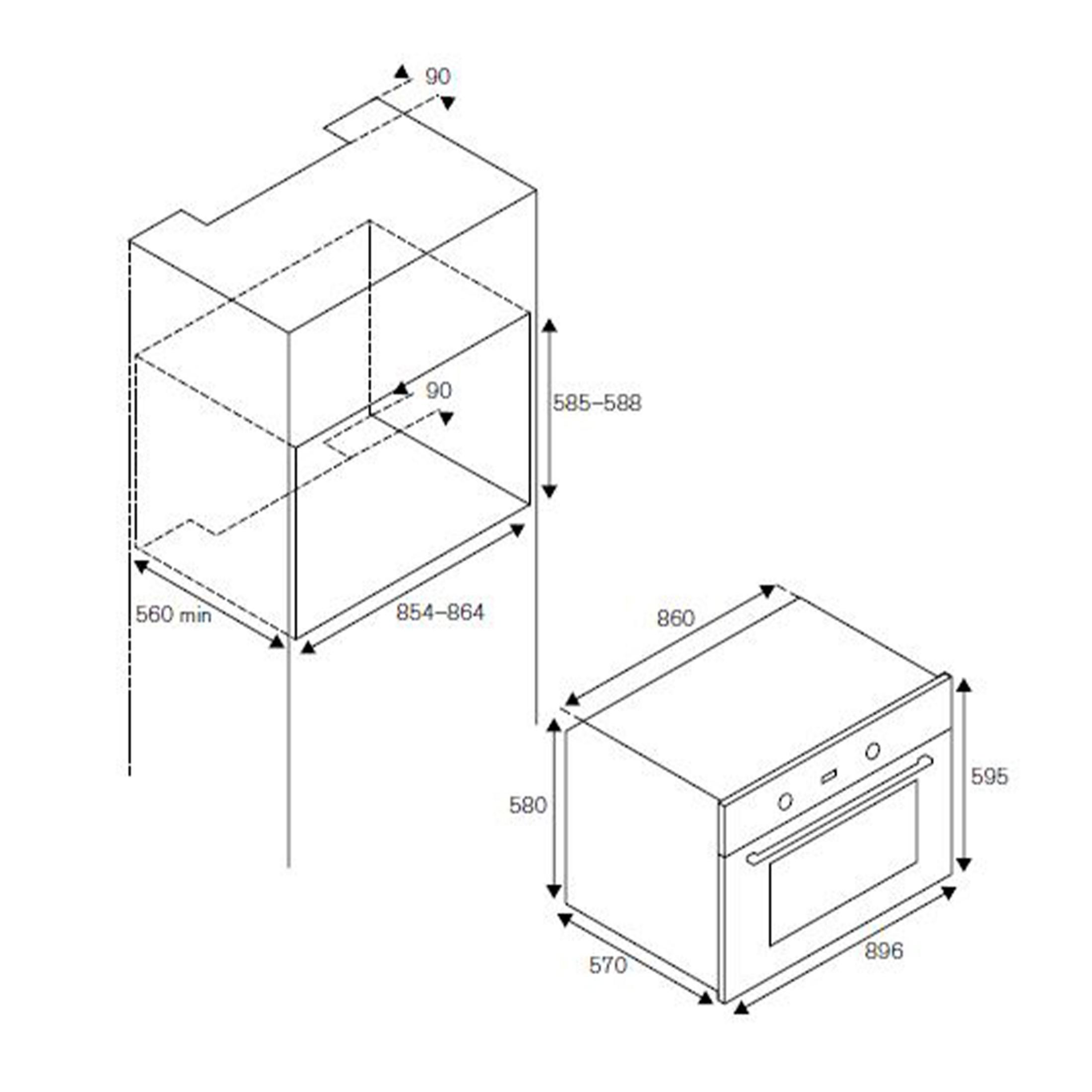 Disegno tecnico di un forno da incasso con dimensioni in mm.