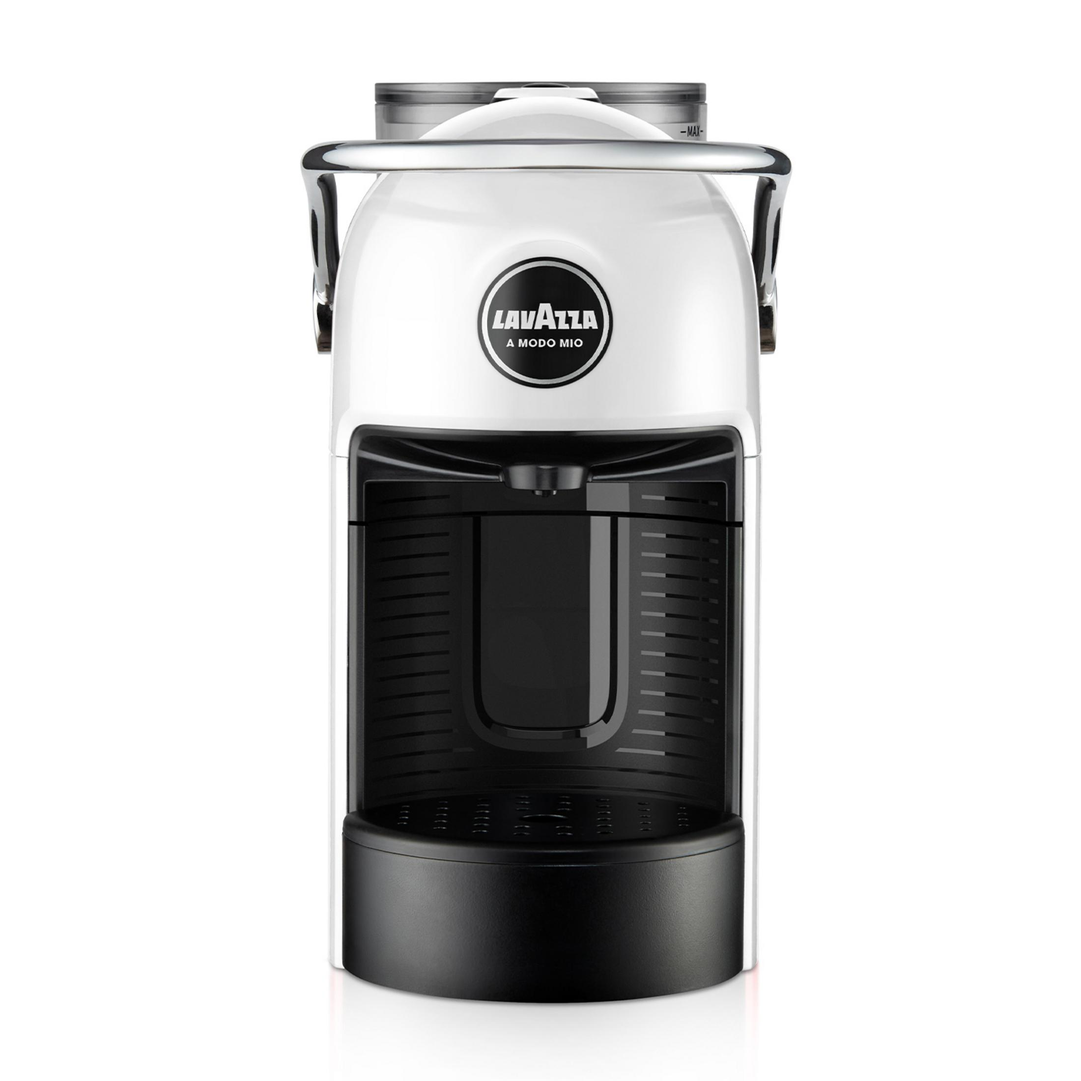 Una cafetera Lavazza blanca con detalles cromados y base negra.