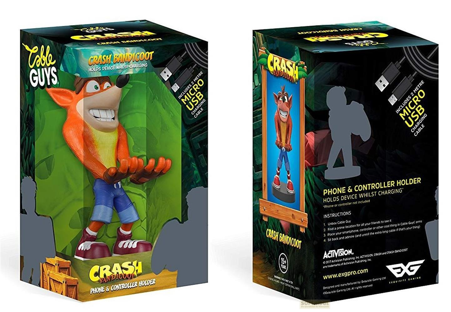 Supporto per telefono e controller Crash Bandicoot con cavo, su scatola.