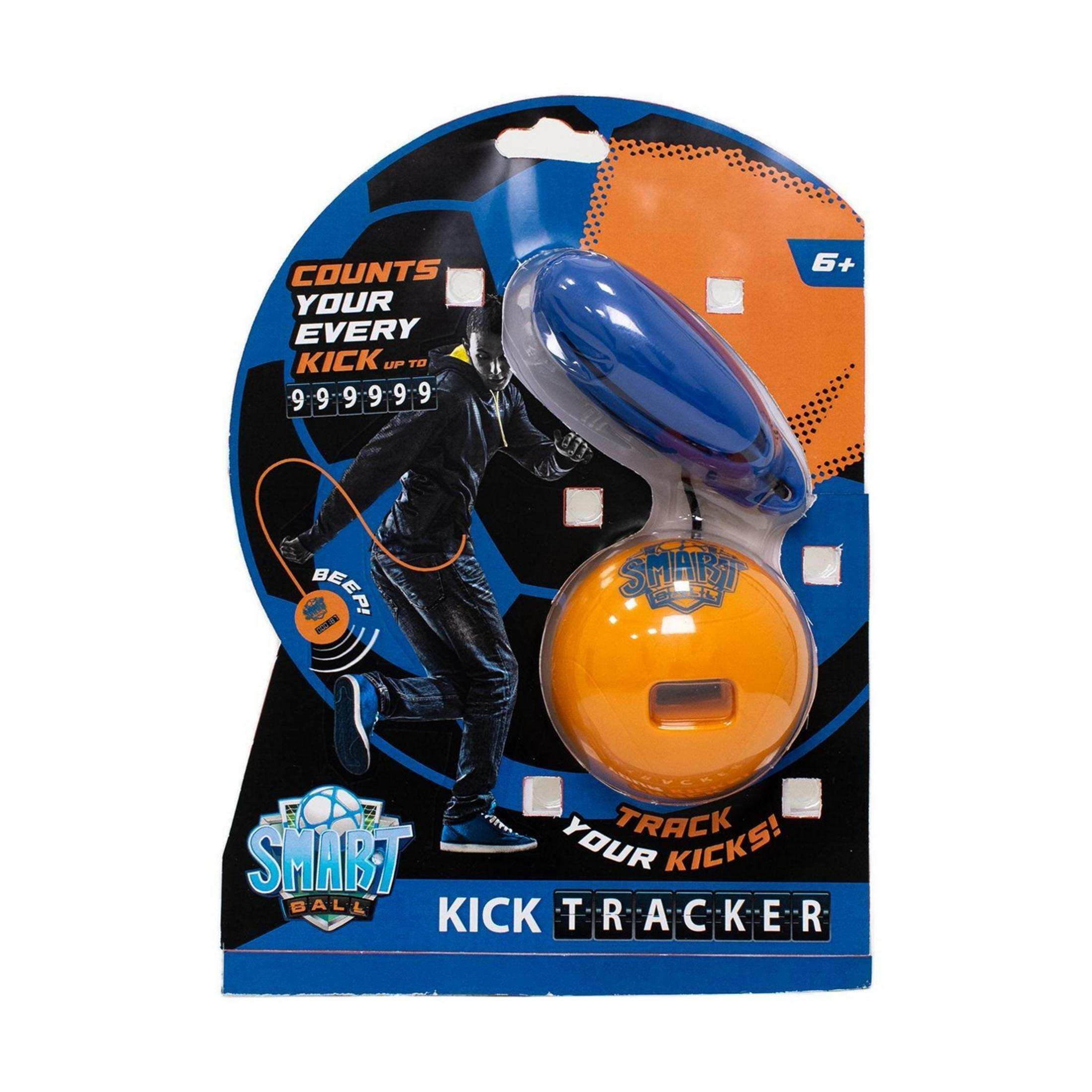 Confezione per un tracker di calci di calcio con contatore blu e pallone arancione.