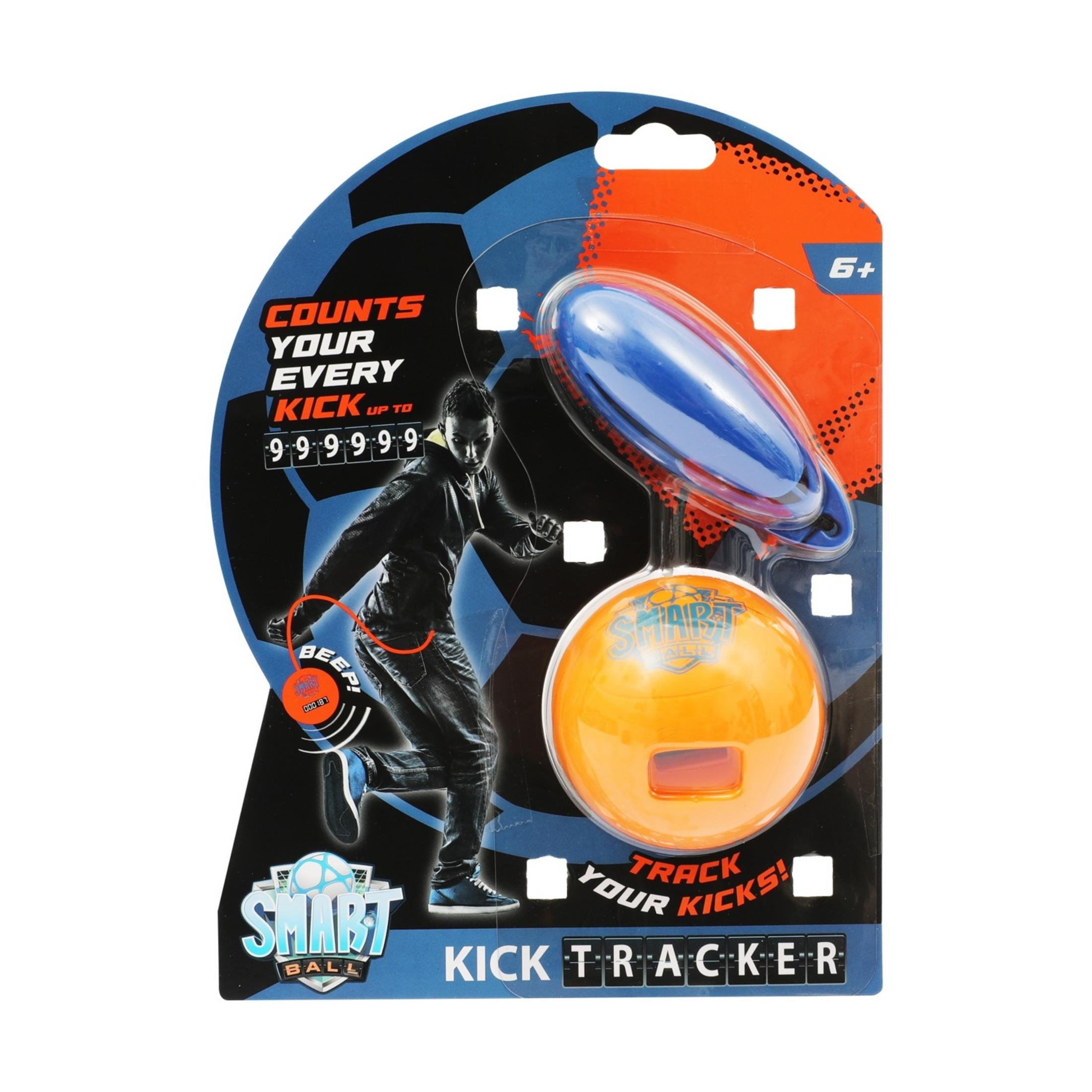 Confezione per un inseguitore di calci di calcio con dispositivo blu e arancione.