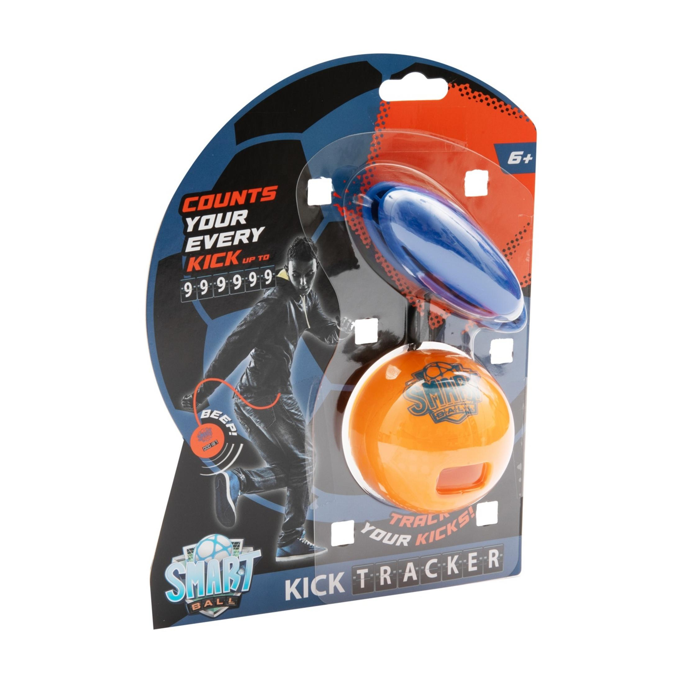 Confezione Smart Ball Kick Tracker con pallone arancione e unità di controllo blu.