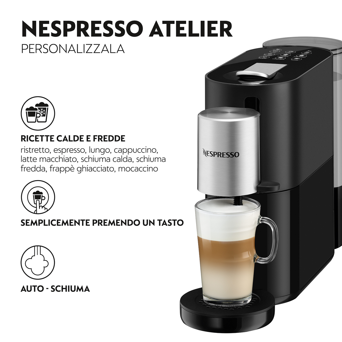 Nespresso Atelier Kaffeemaschine brüht ein Schichtgetränk in einem Glas.