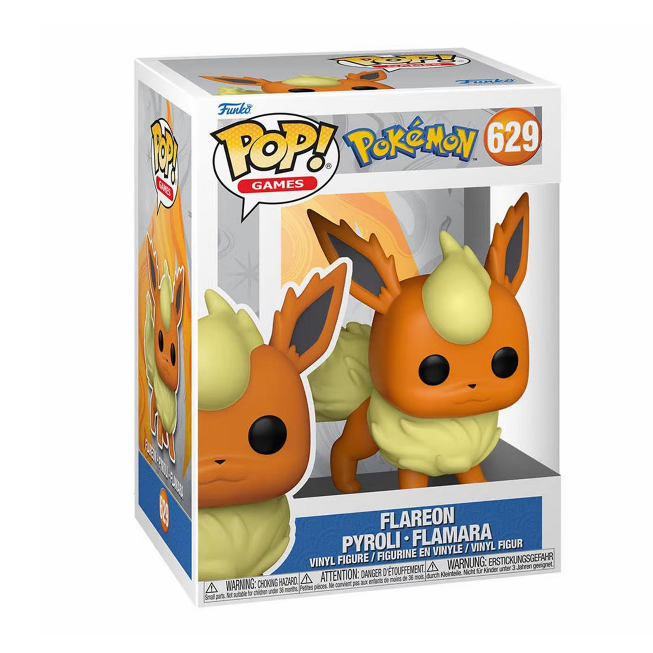 Statua Funko Pop in vinile di Flareon da Pokémon nella sua scatola.