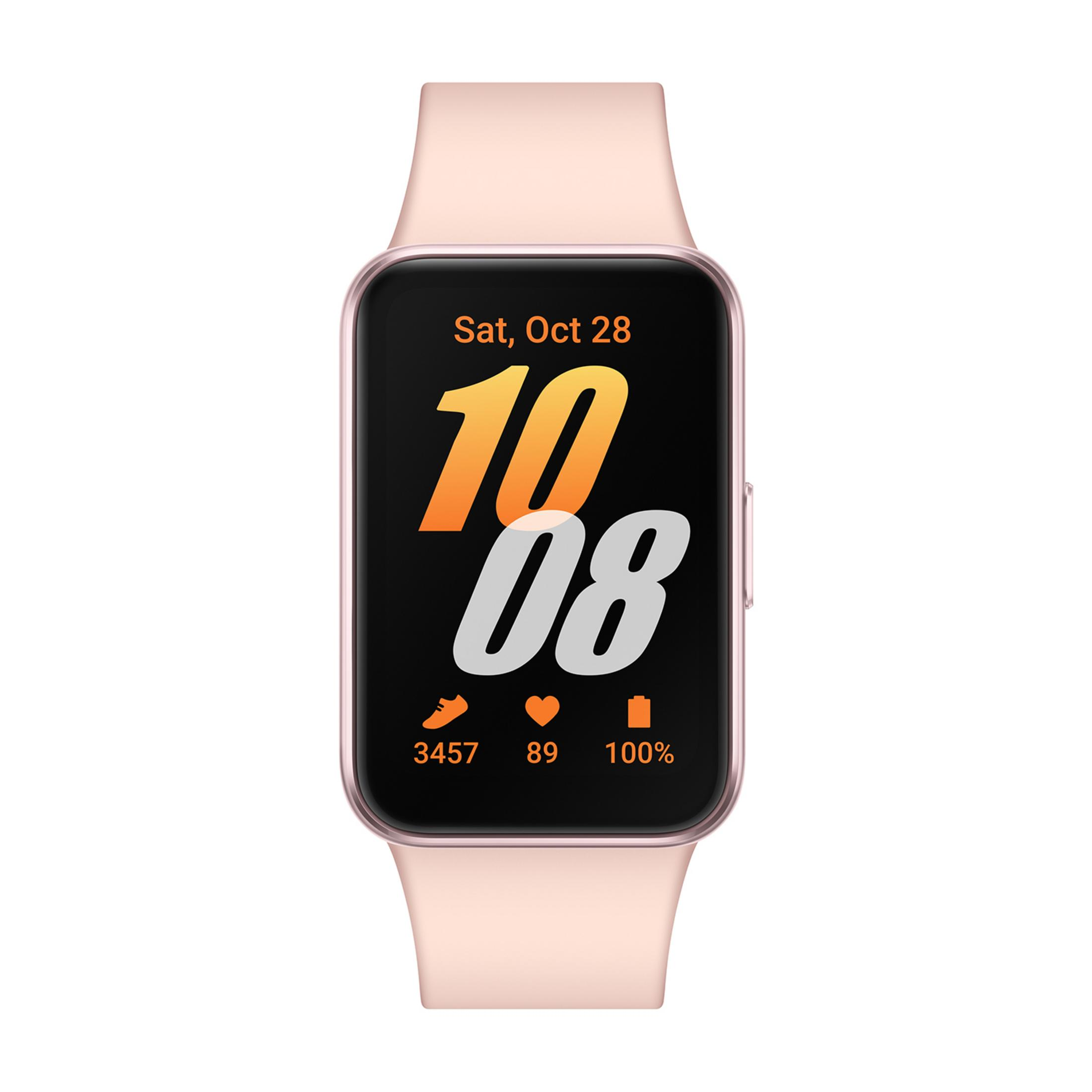 Eine rosafarbene Smartwatch mit einem schwarzen Zifferblatt. Die Uhr zeigt die Uhrzeit 10:08 an.