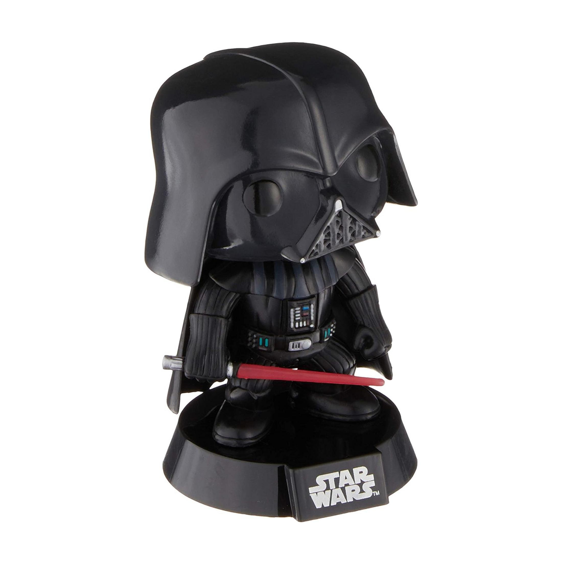 Statua Funko Pop di Darth Vader con spada laser rossa su base nera con logo Star Wars.