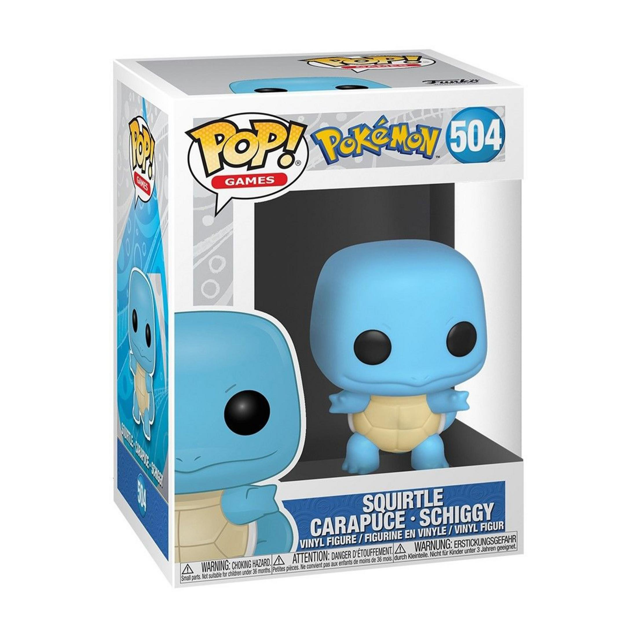 Una figuretta in vinile Funko Pop blu di Squirtle, Pokémon #504, nella sua scatola.