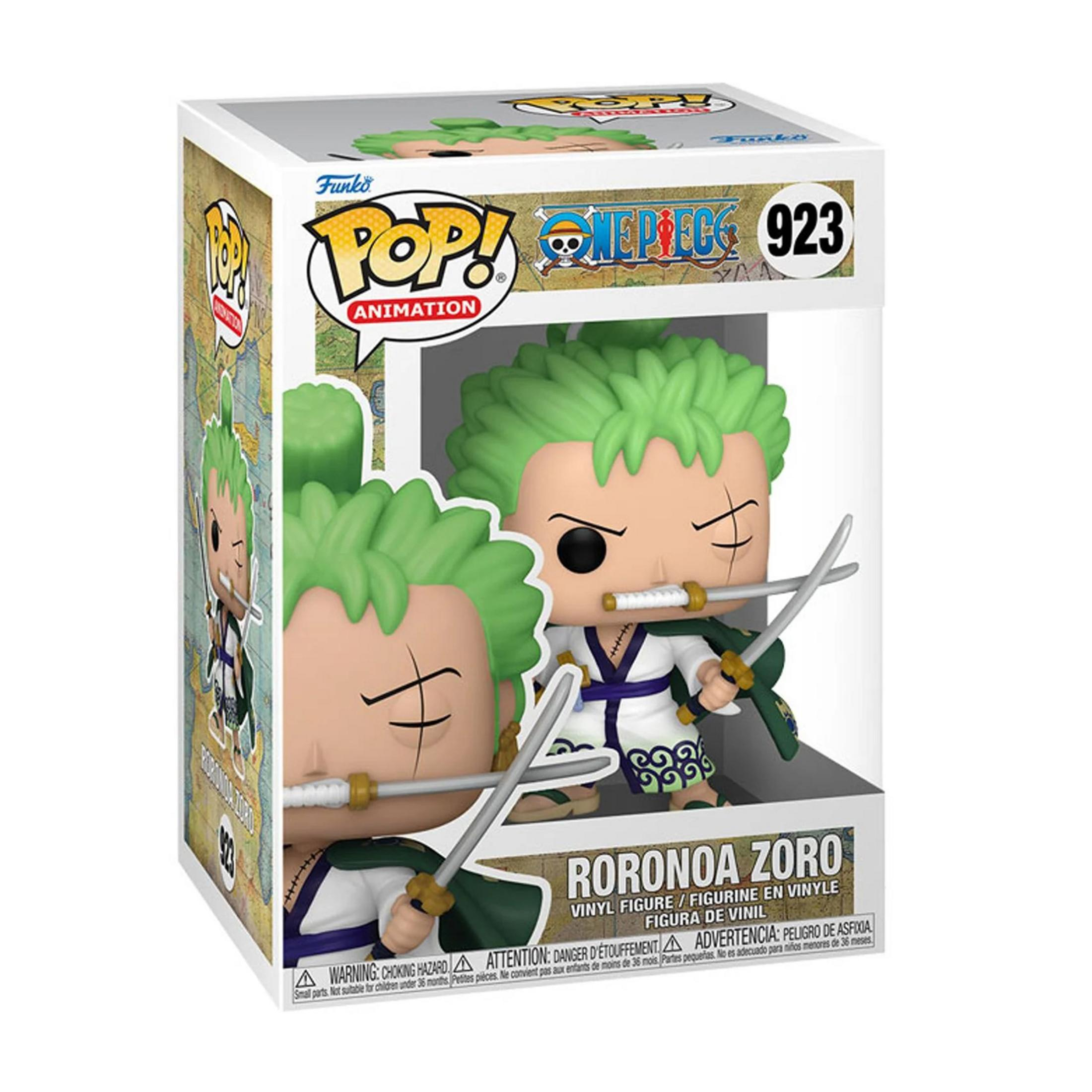 Figure Funko Pop di Roronoa Zoro con tre spade, nella sua scatola.